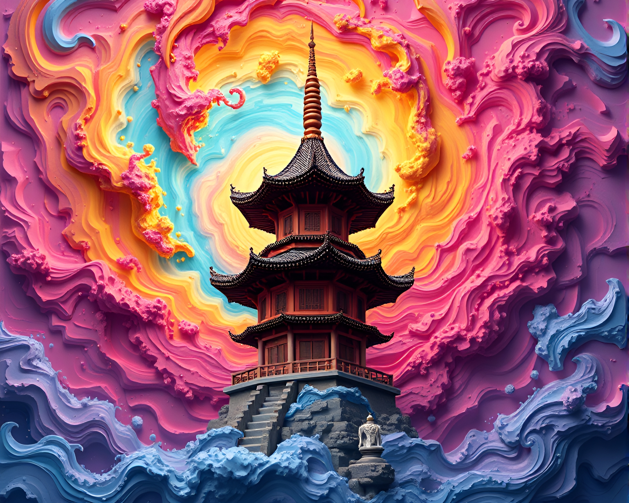 Pagoda Vortex: Starburst Color Voxel Art Masterpiece – free AI stock image