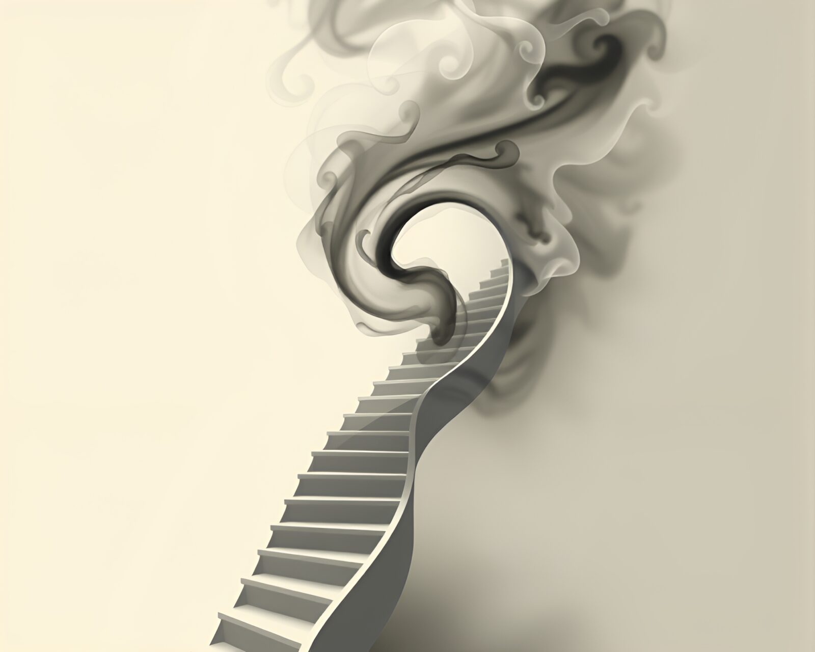 Surreal staircase with wisps of swirling smoke and hard shadows