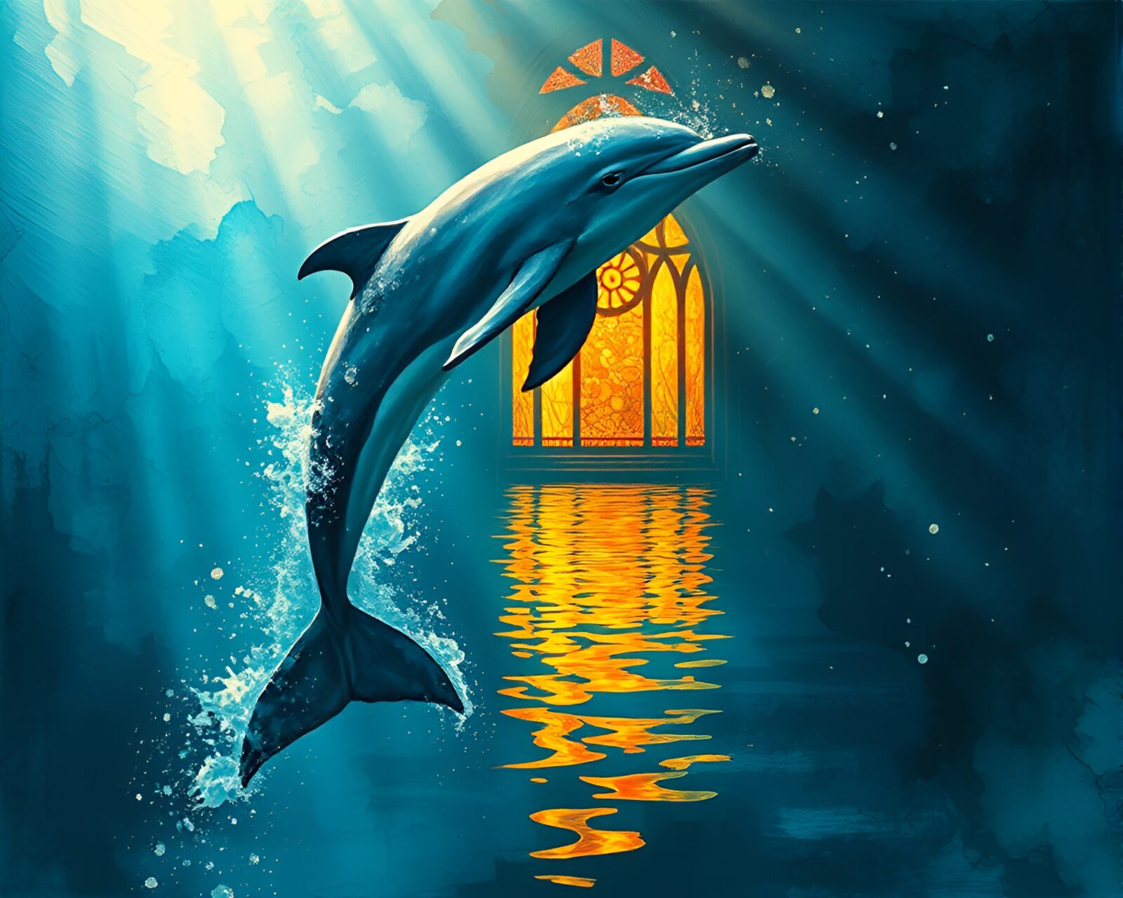 Photorealistic image of a majestic Amazon River dolphin amidst vibrant ink splashes and stained glass light.