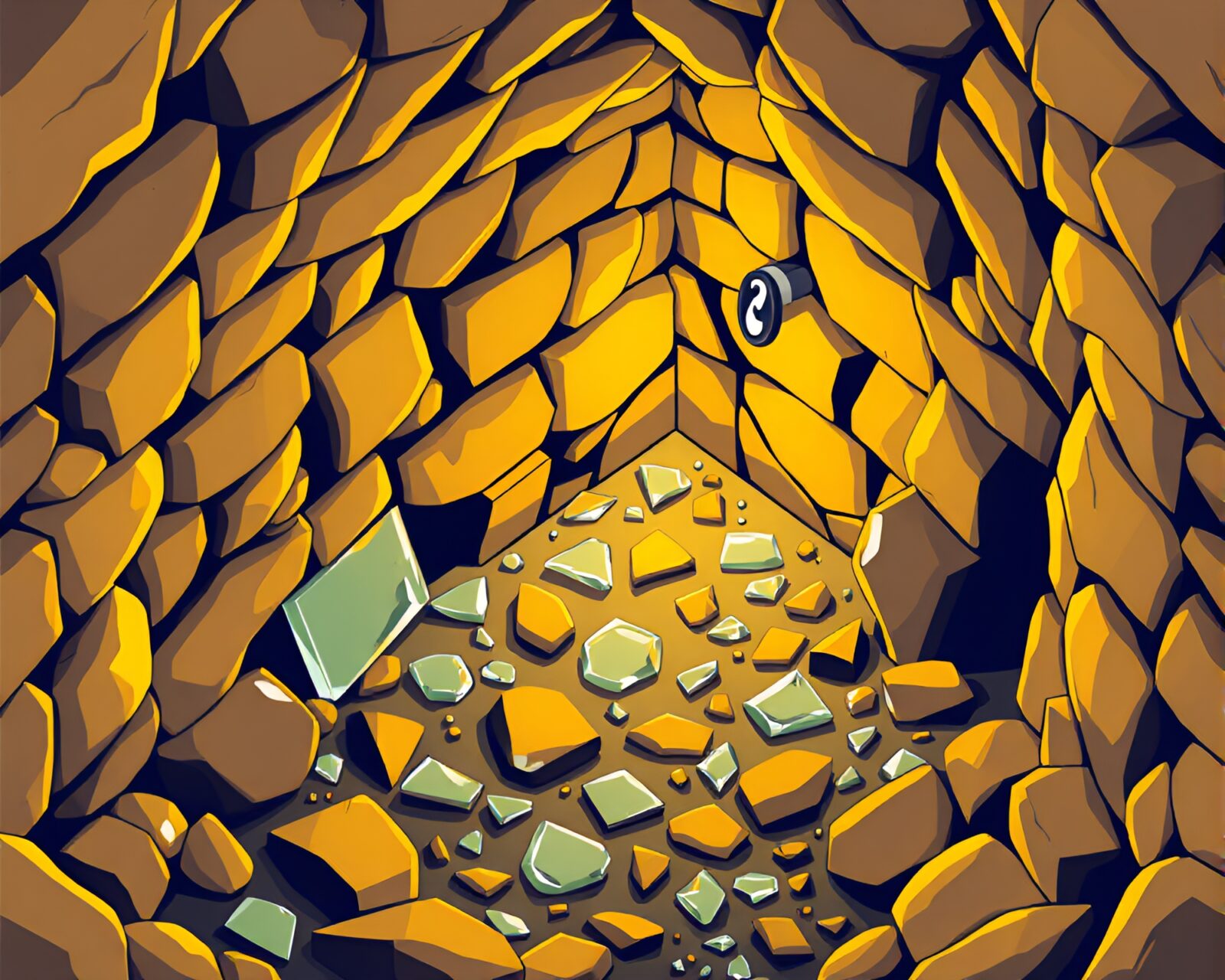 Isometric illustration of underground bunker with glass shards, bathed in mustard yellow light