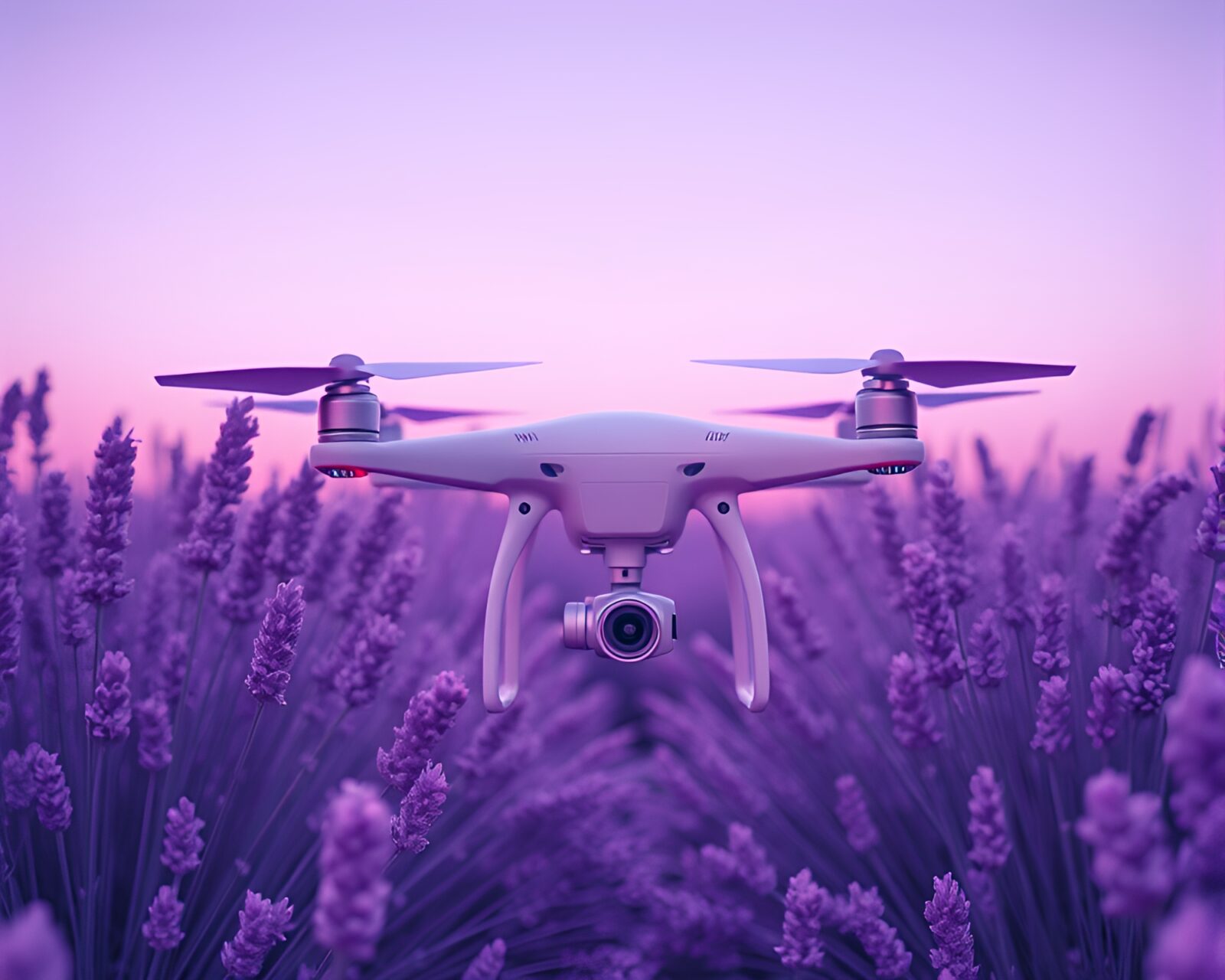 Infrared drone hovering in a lavender twilight landscape