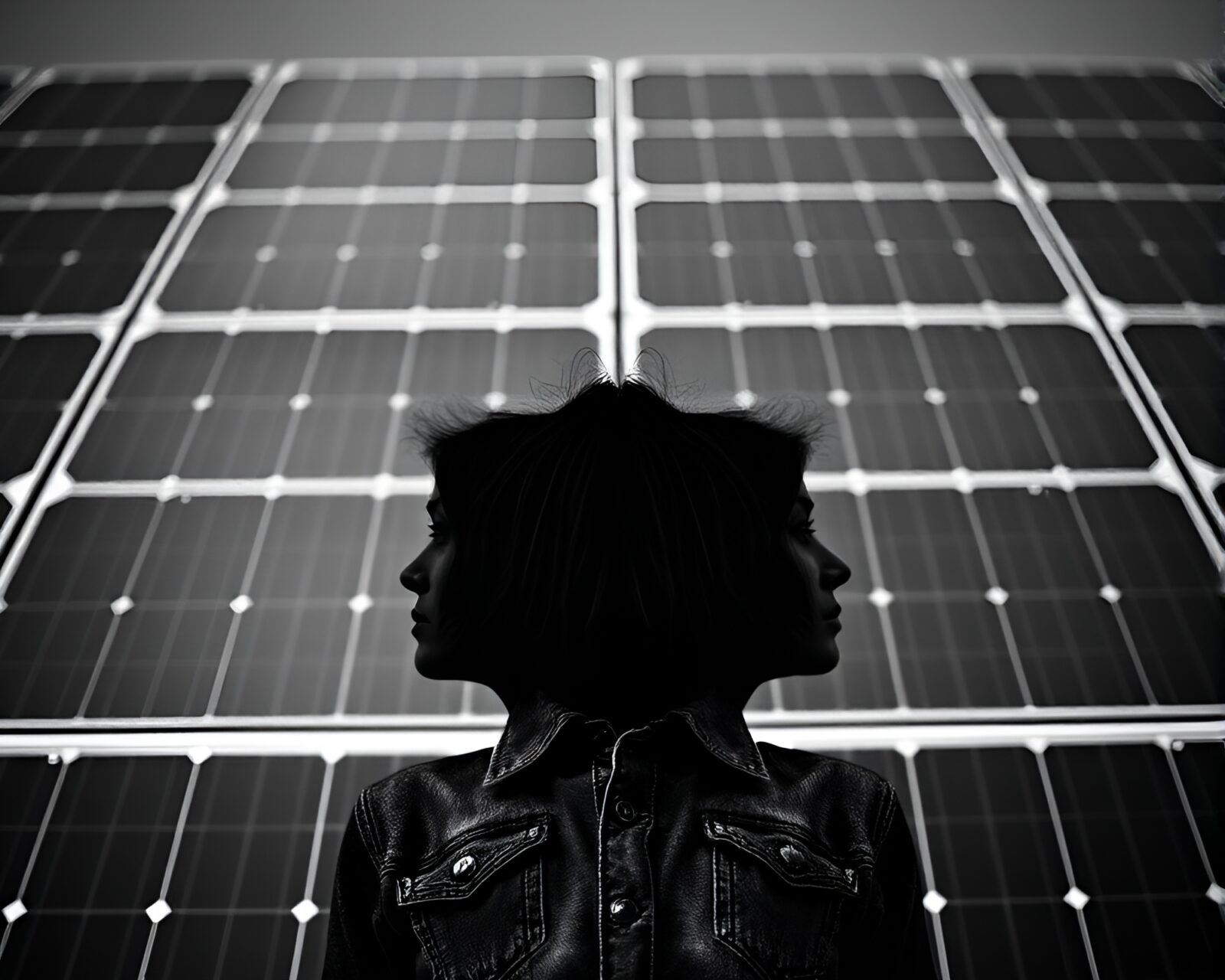 Symmetrical mirror solar panel array in moody film noir setting