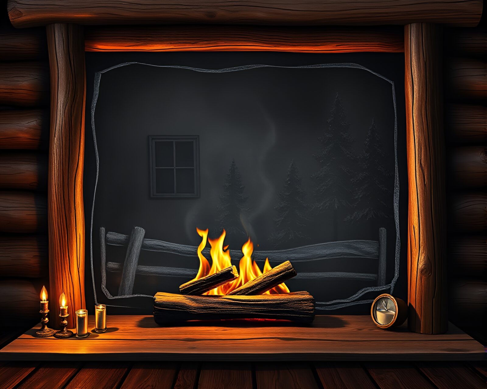 Cozy fireplace flicker in a cabin with double reflections