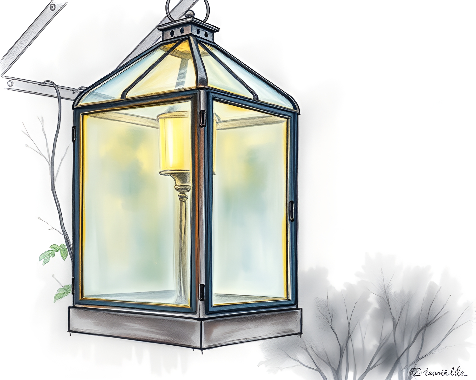 Glass Greenhouse Illuminated by Lantern Light Drawing – free AI stock image