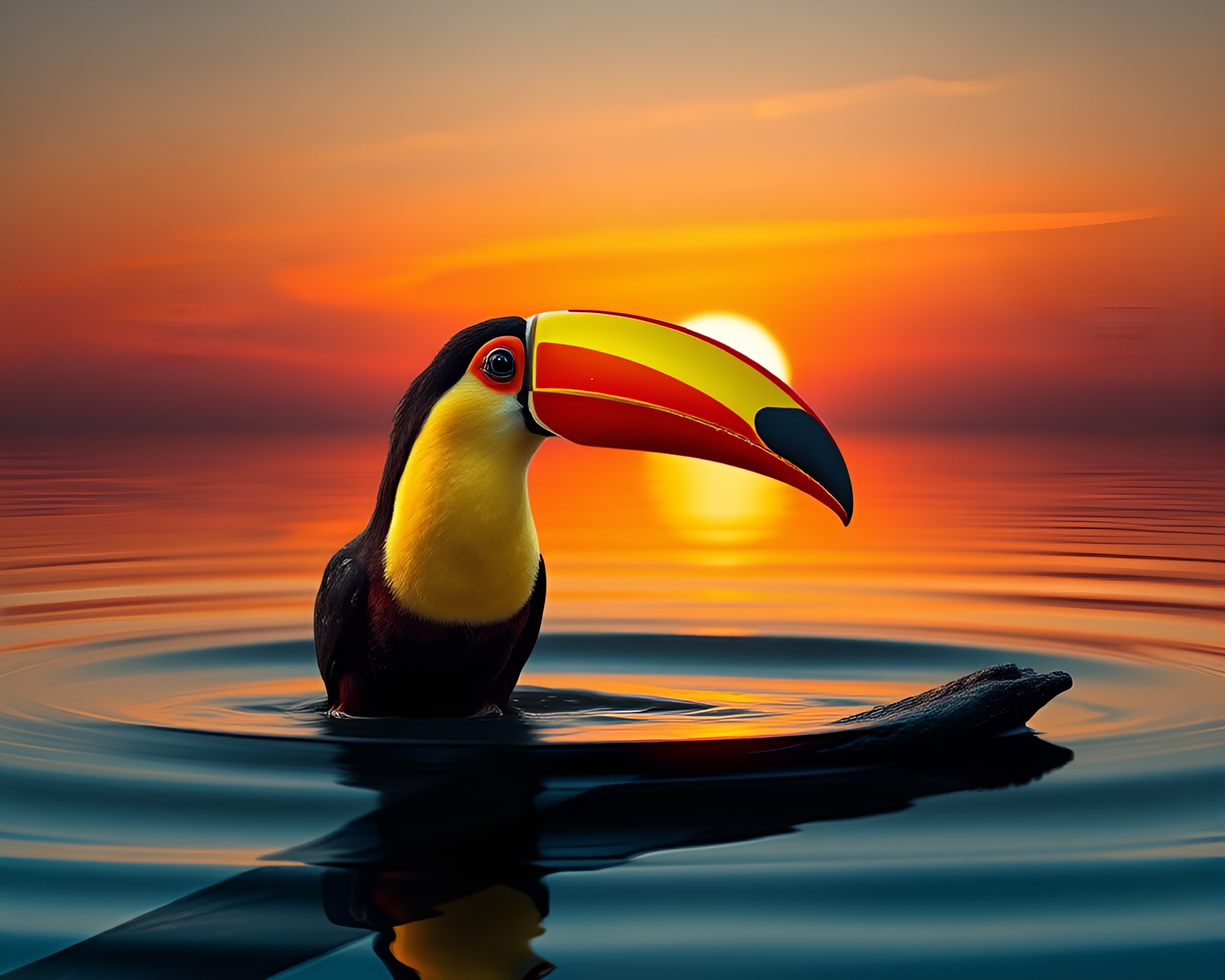 Toucan Silhouette in Sunset Water Ripples – free AI stock image