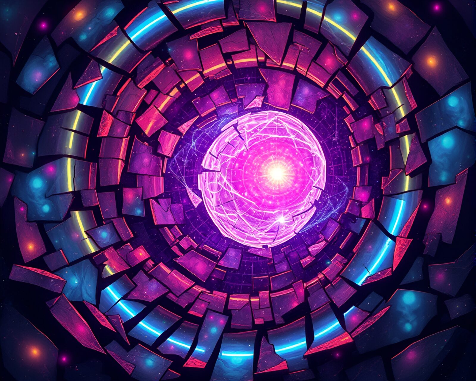 Illustration of a glowing steampunk wormhole device on a mosaic background