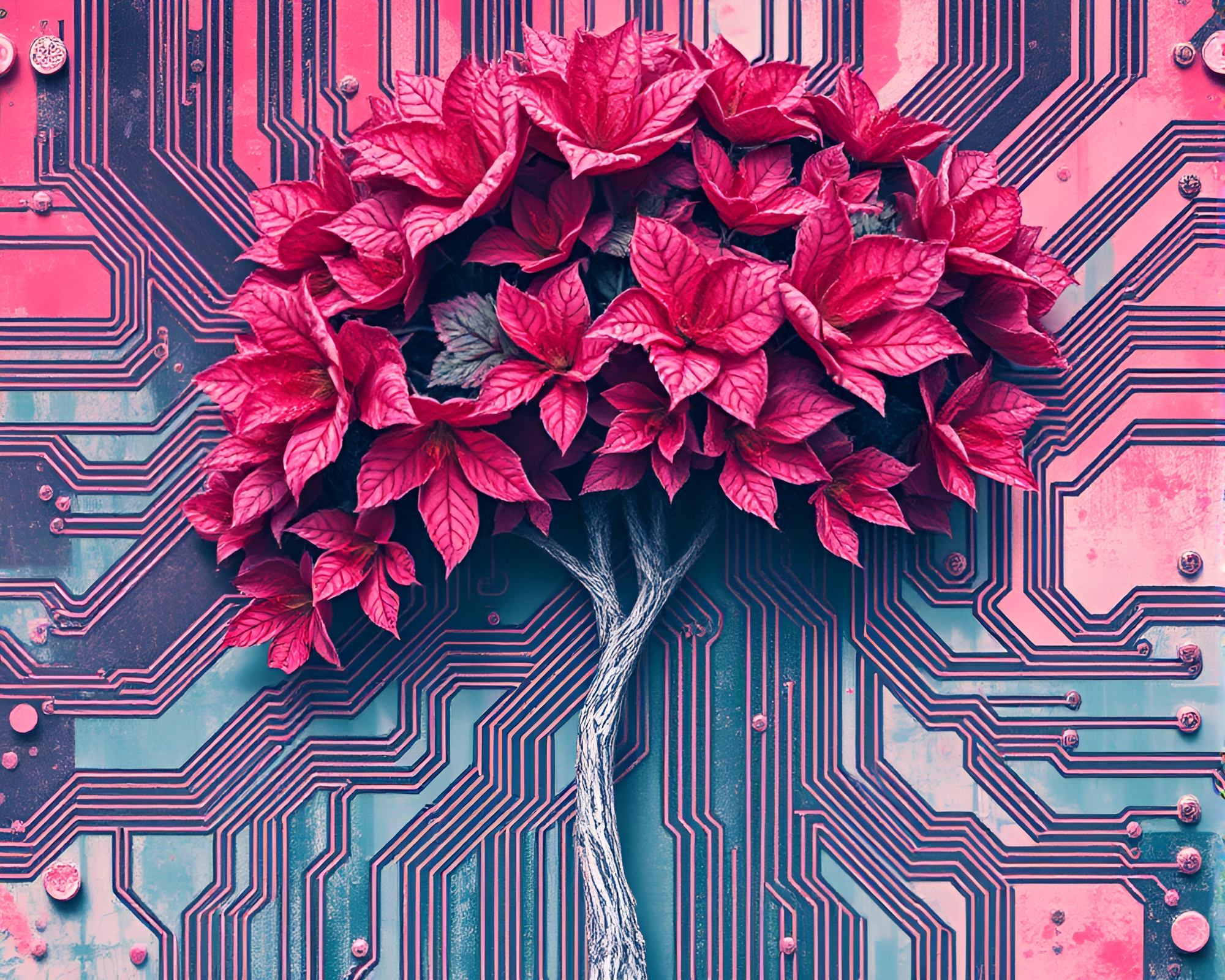 Raspberry Bush Circuit Board Photocollage – free AI stock image