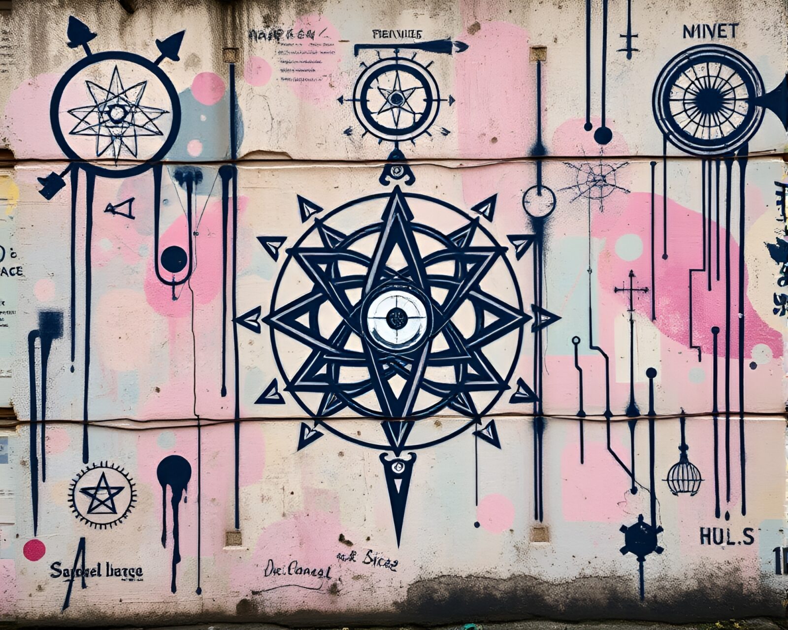 Futuristic mural of alchemical symbols in soft cybernetic tones