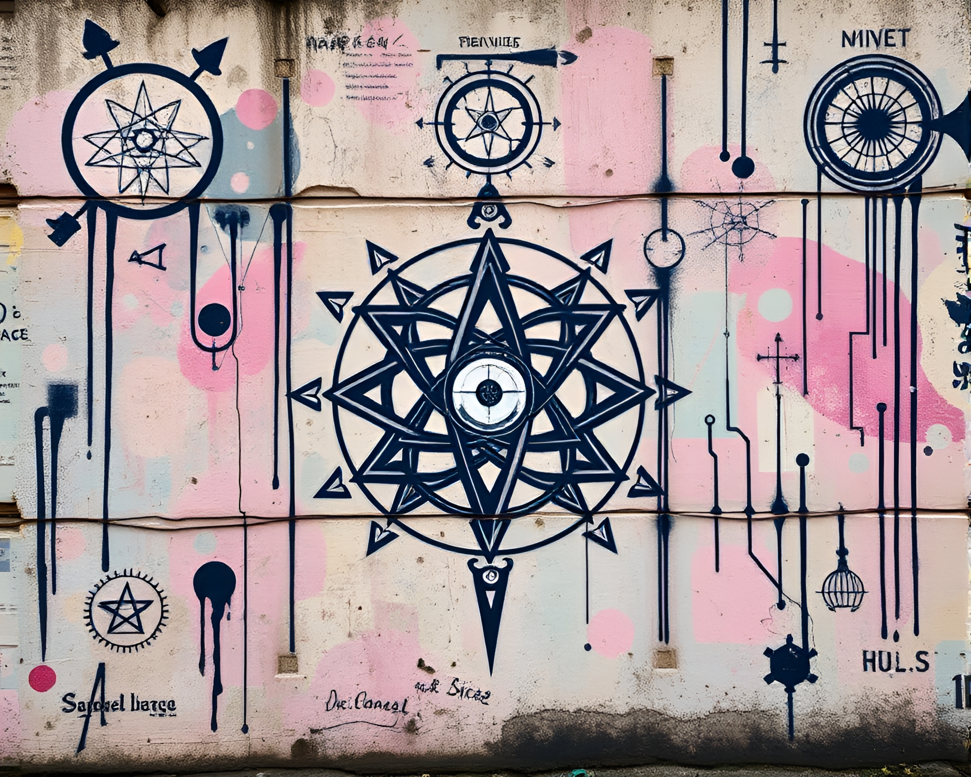 Cybernetic Alchemical Graffiti Mural in Muted Pastels – free AI stock image
