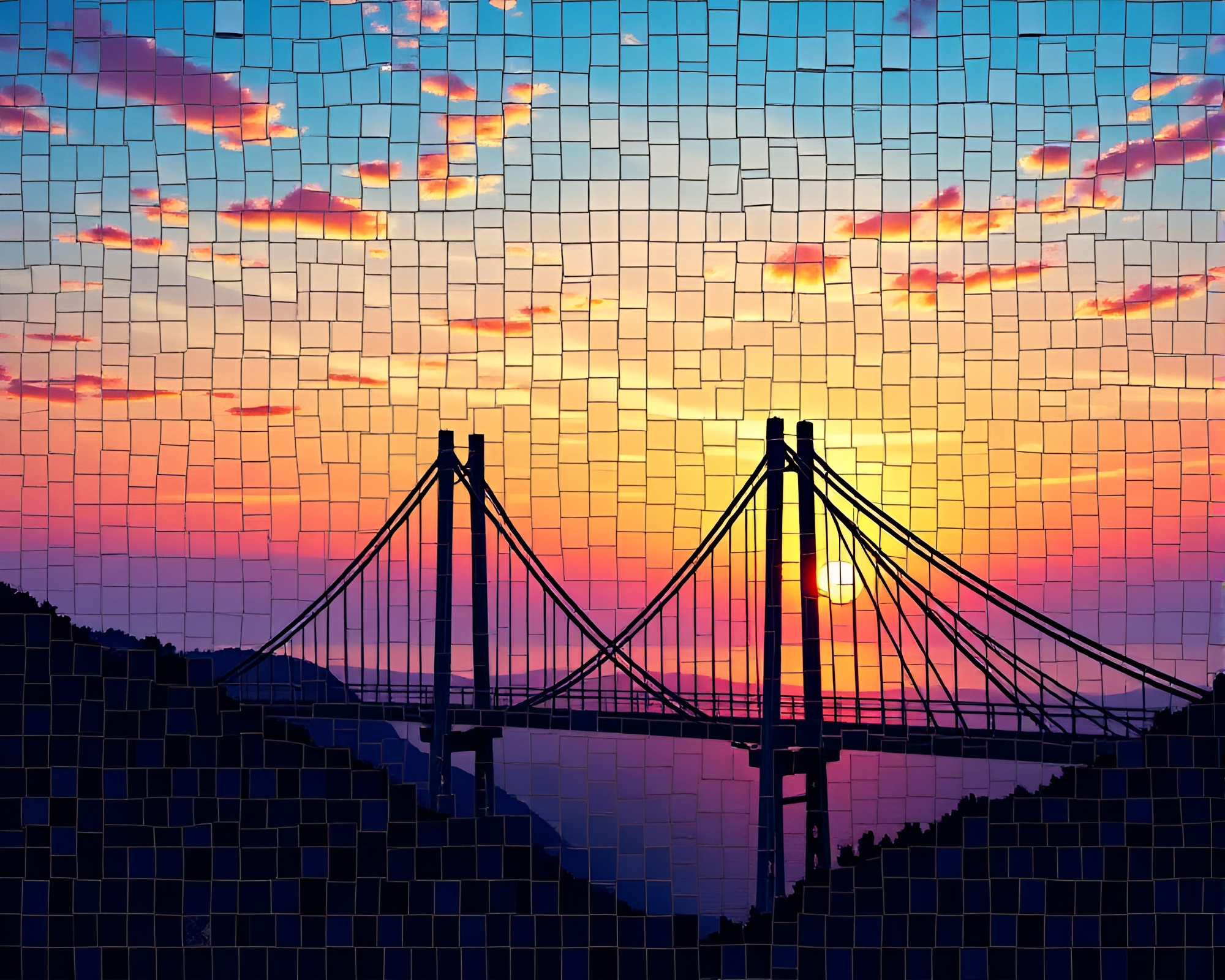 Technical Illustration of Sunrise Pastel Suspension Bridge Mosaic – free AI stock image