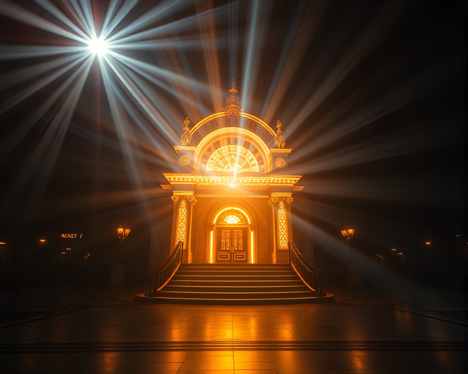Futuristic device emitting light in a grand, theatrical setting
