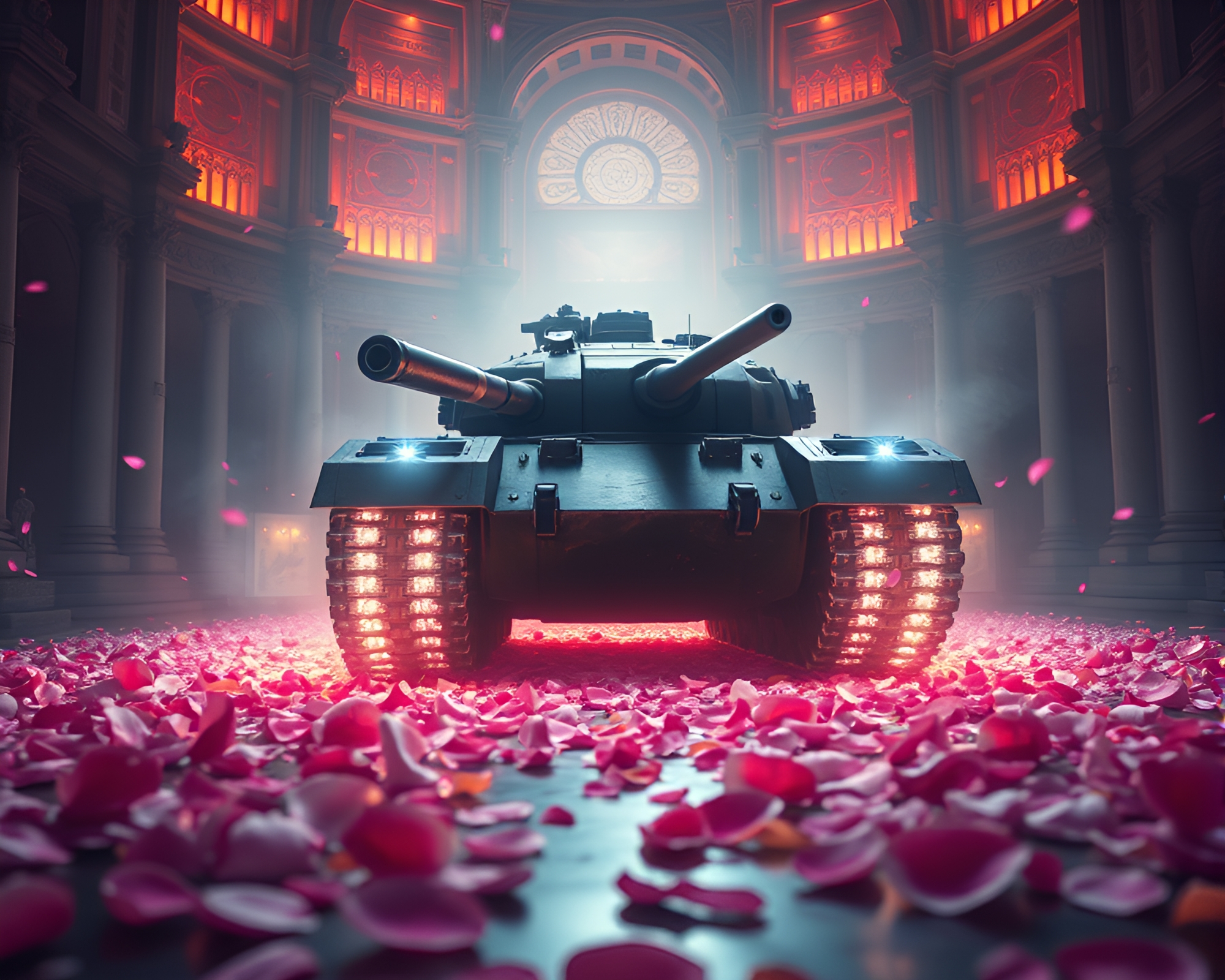 Glowing Armored Tank Surrounded by Flower Petals – free AI stock image
