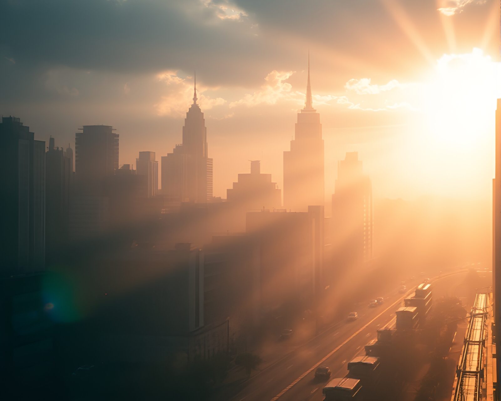 Sunbeams shining through futuristic city skyline with dust particles