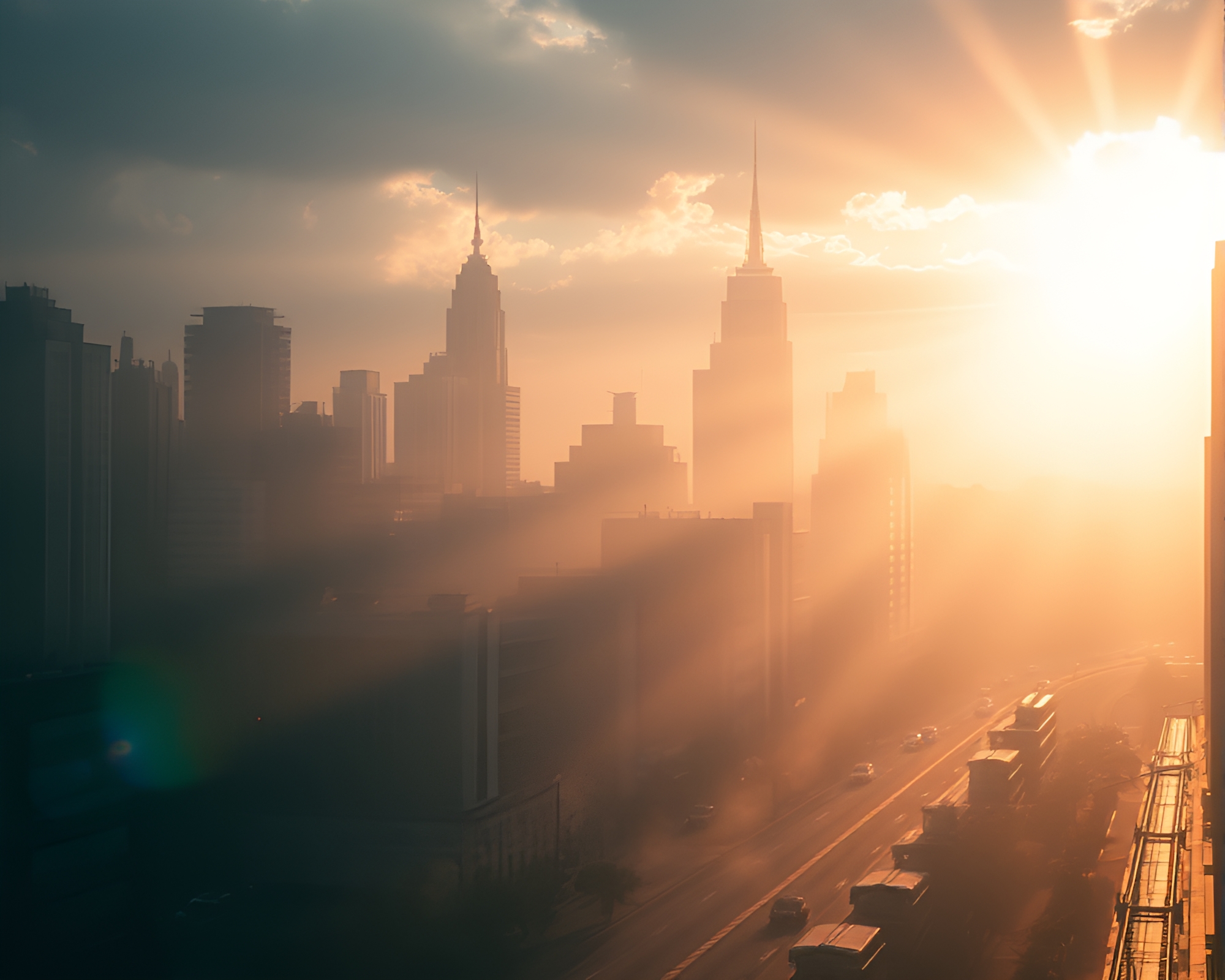 Sunlit Futuristic Cityscape with Dust Overlay – free AI stock image