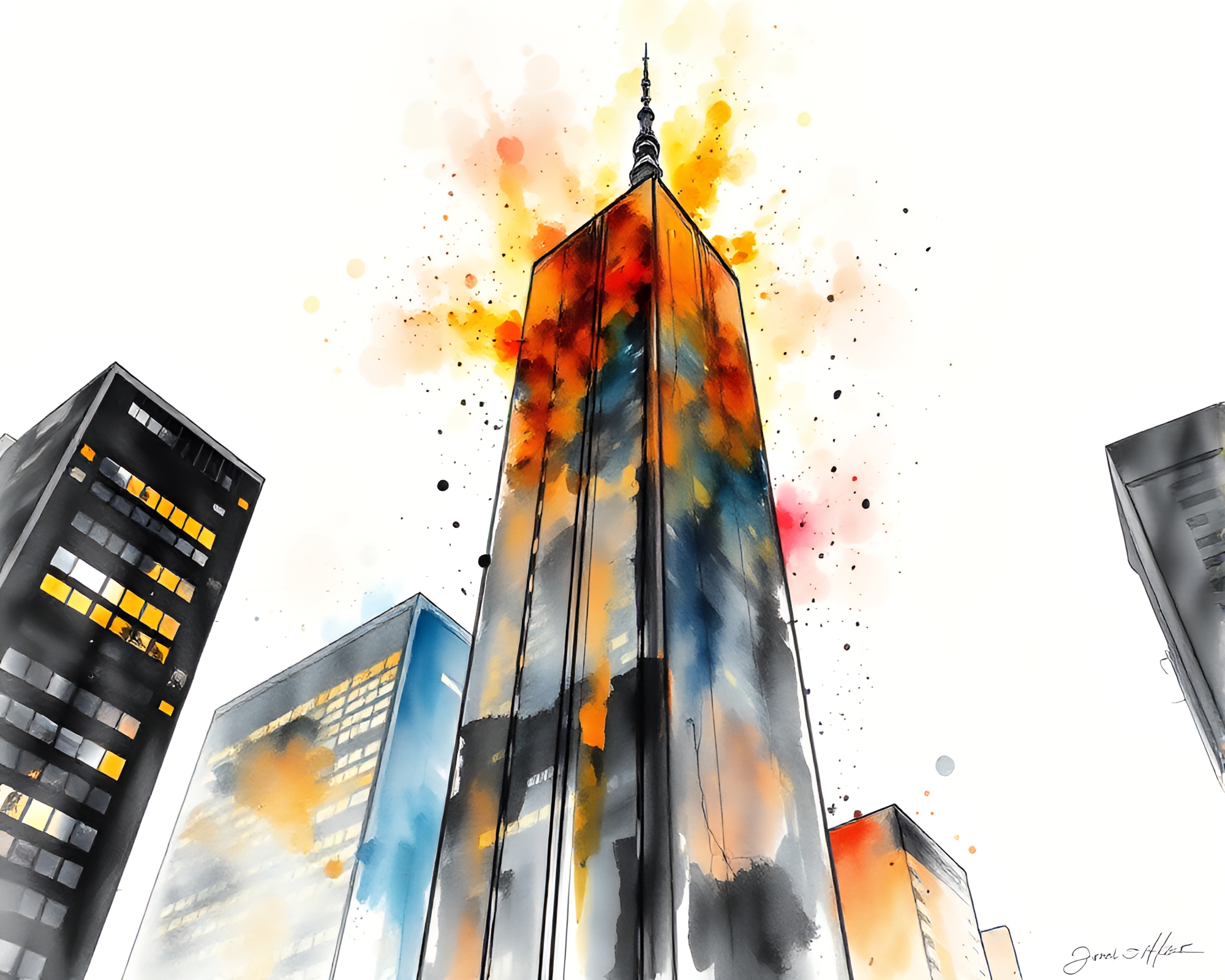 Dramatic Watercolor Skyscraper Silhouette with Ink Splashes – free AI stock image