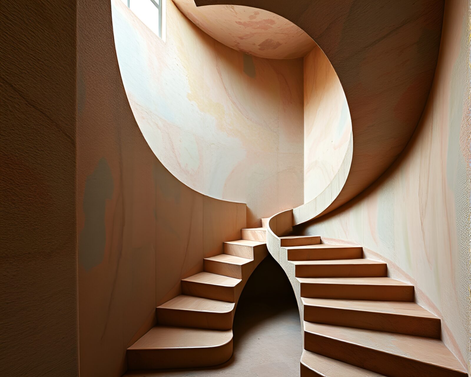 Washed-out image of Escher staircase with grainy textures