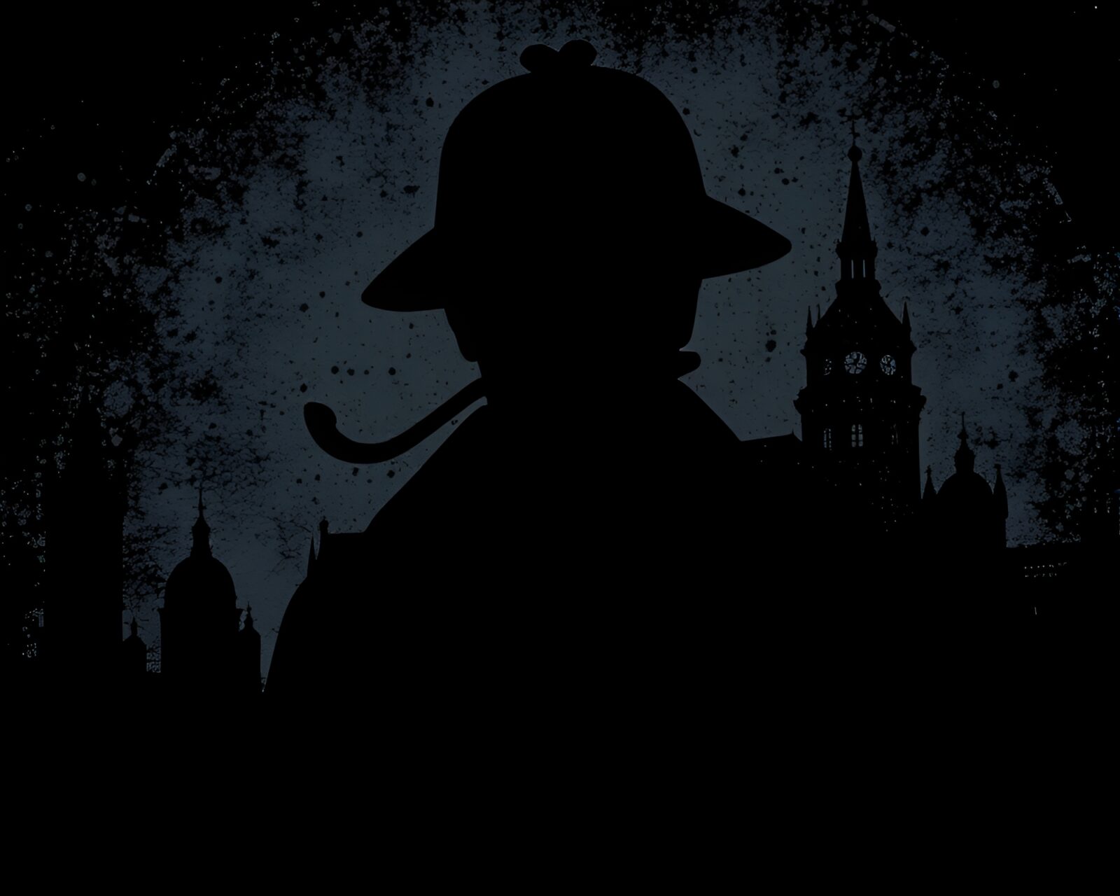 Medium shot of Sherlock Holmes silhouette in halftone, indigo lighting