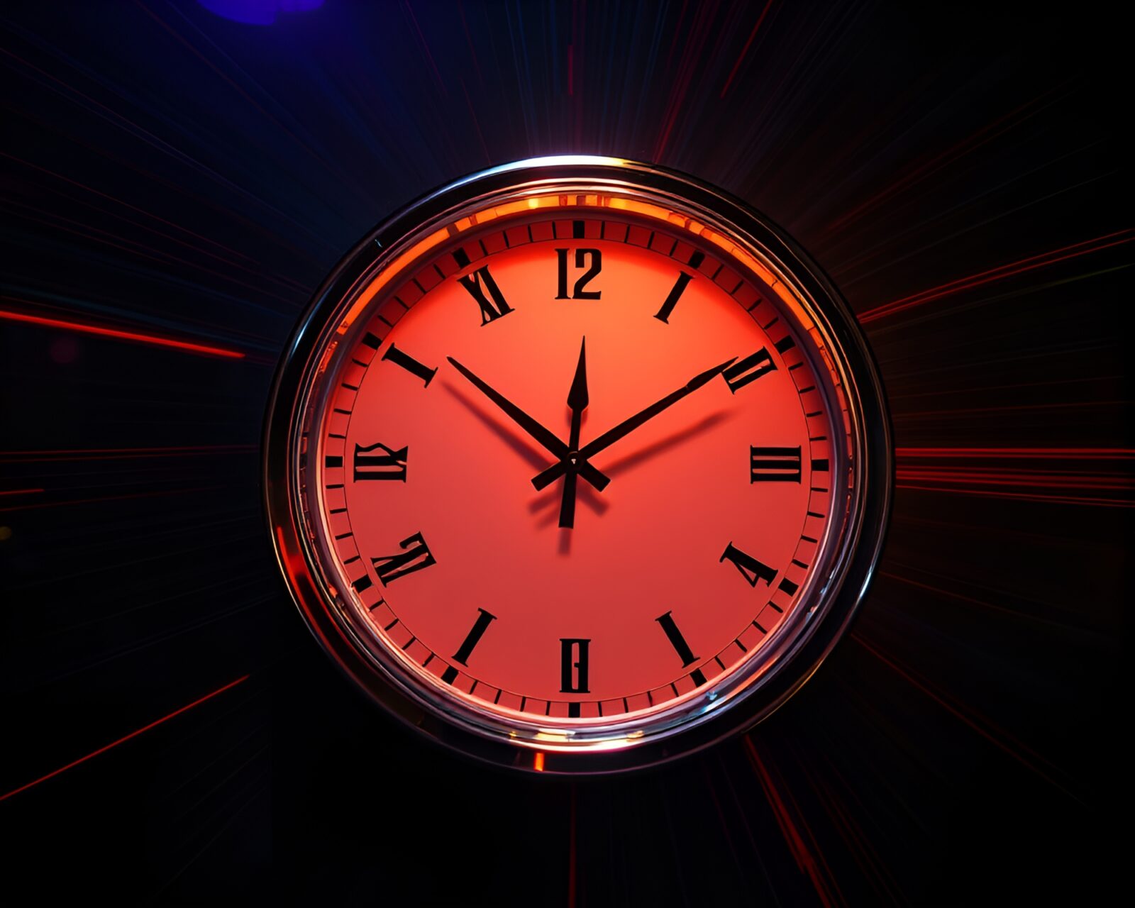 Futuristic clock with holographic sheen and dynamic leading lines