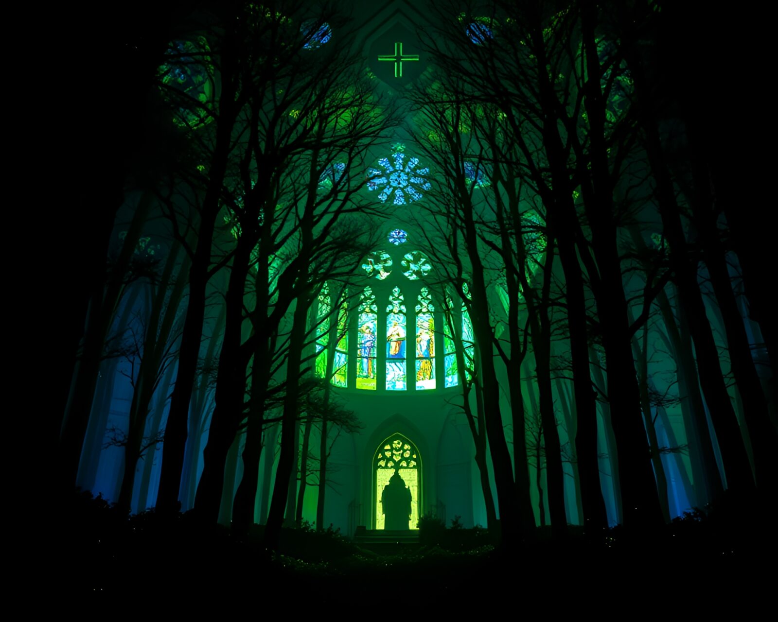Écorché study of a glowing forest with intricate shadow play