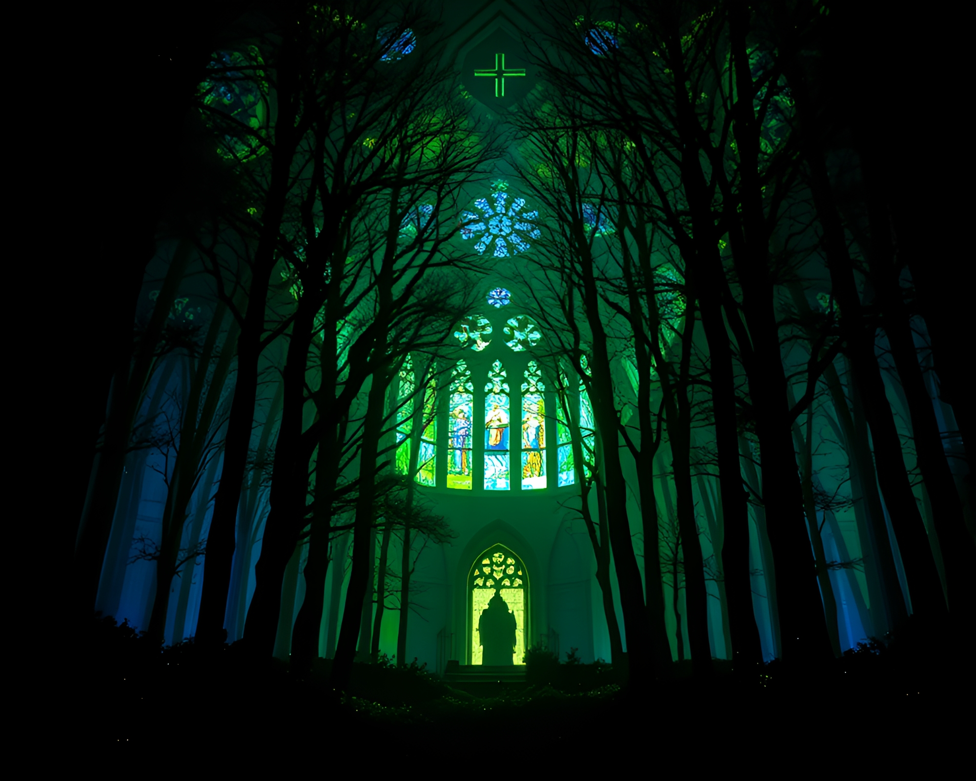 Bioluminescent Forest: Shadow Play in Brilliante Cathedral Light – free AI stock image
