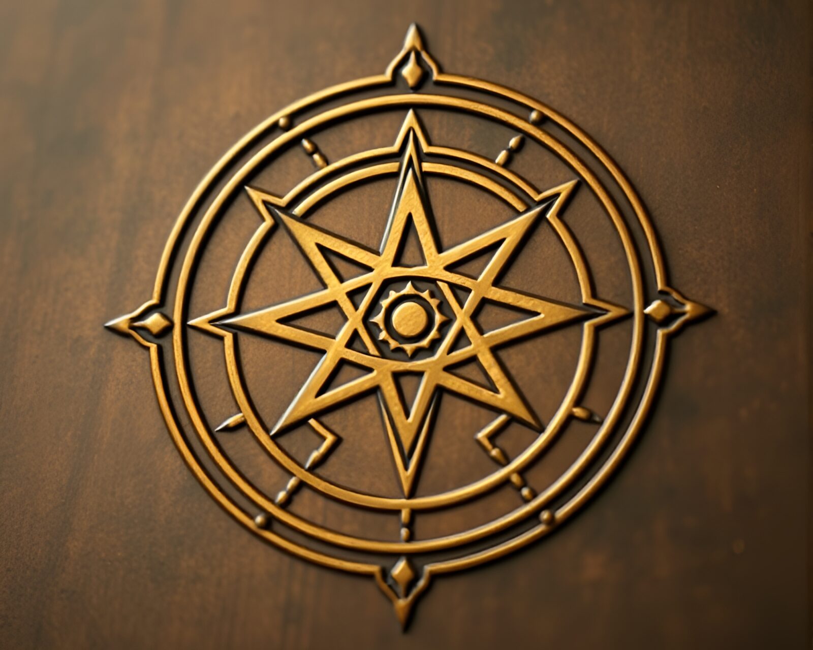High-angle shot of intricate esoteric sigil with bronze sheen