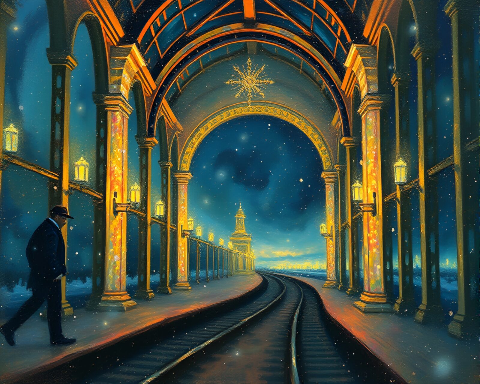Ethereal egg tempera painting of train station with fairy lights