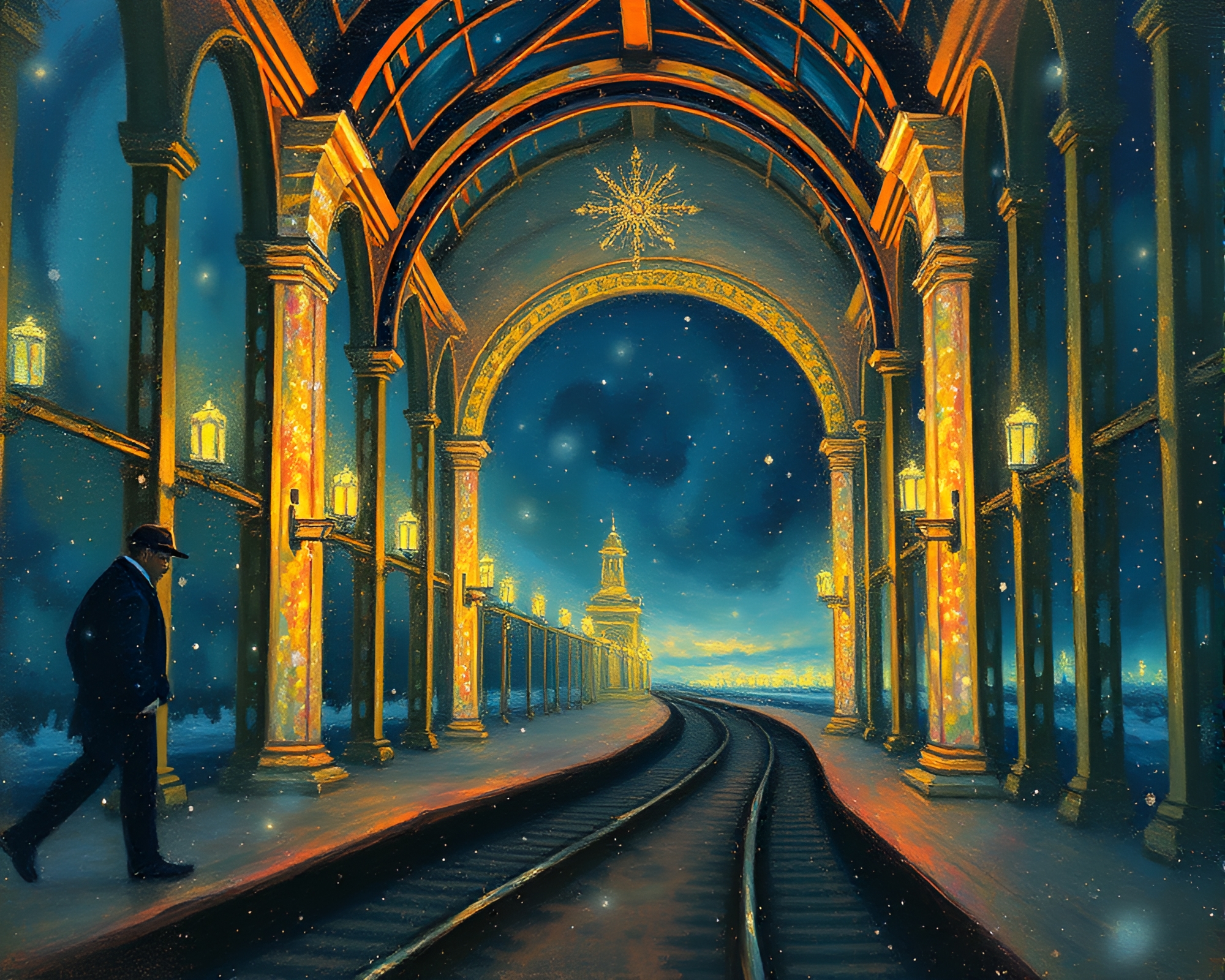 Gleaming Train Station under Ethereal Fairy Light Canopy – free AI stock image