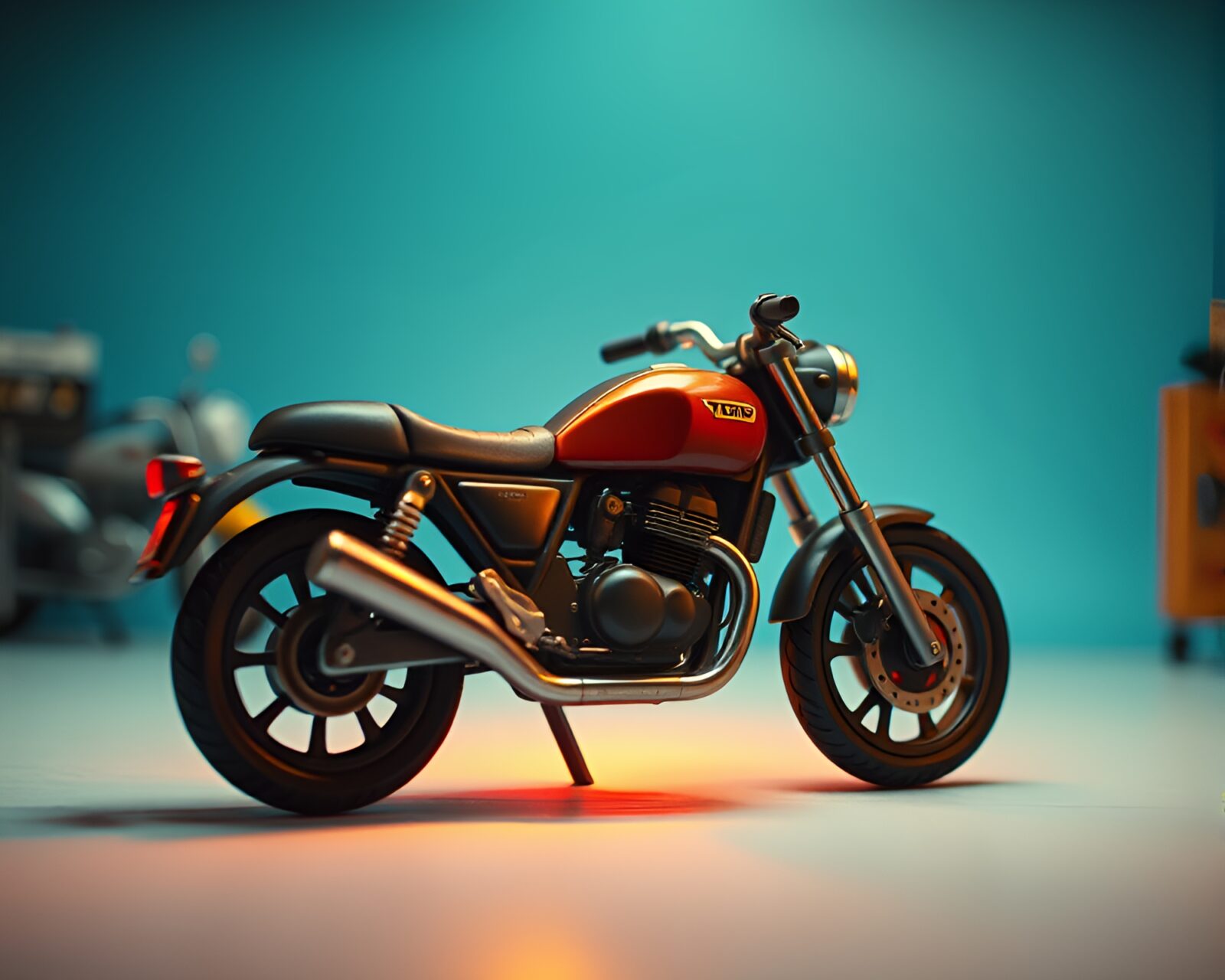 Grainy stop-motion image of vintage motorcycle in studio setting