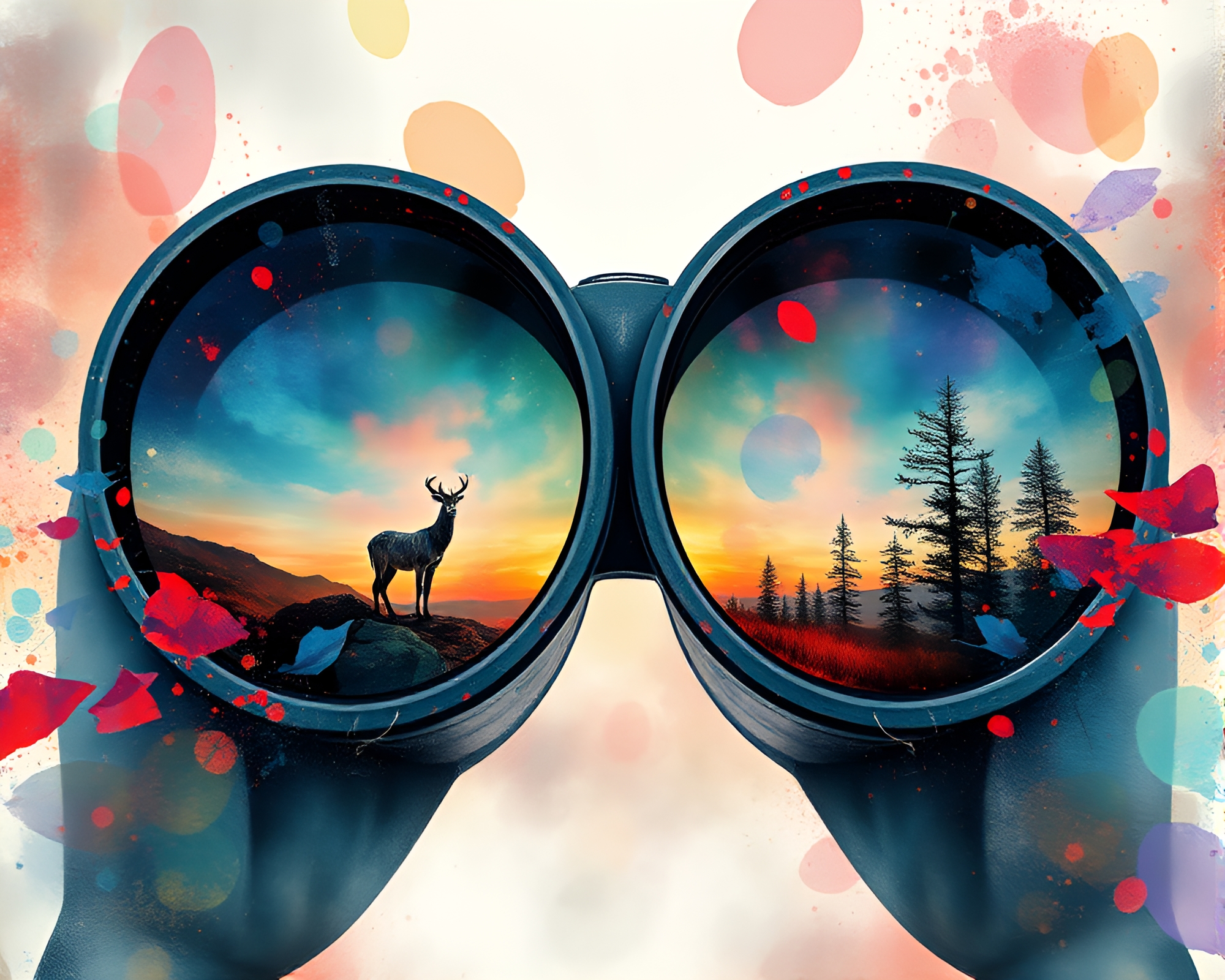 Colorful Vortex Binoculars in Wildlife Watercolor Style – free AI stock image