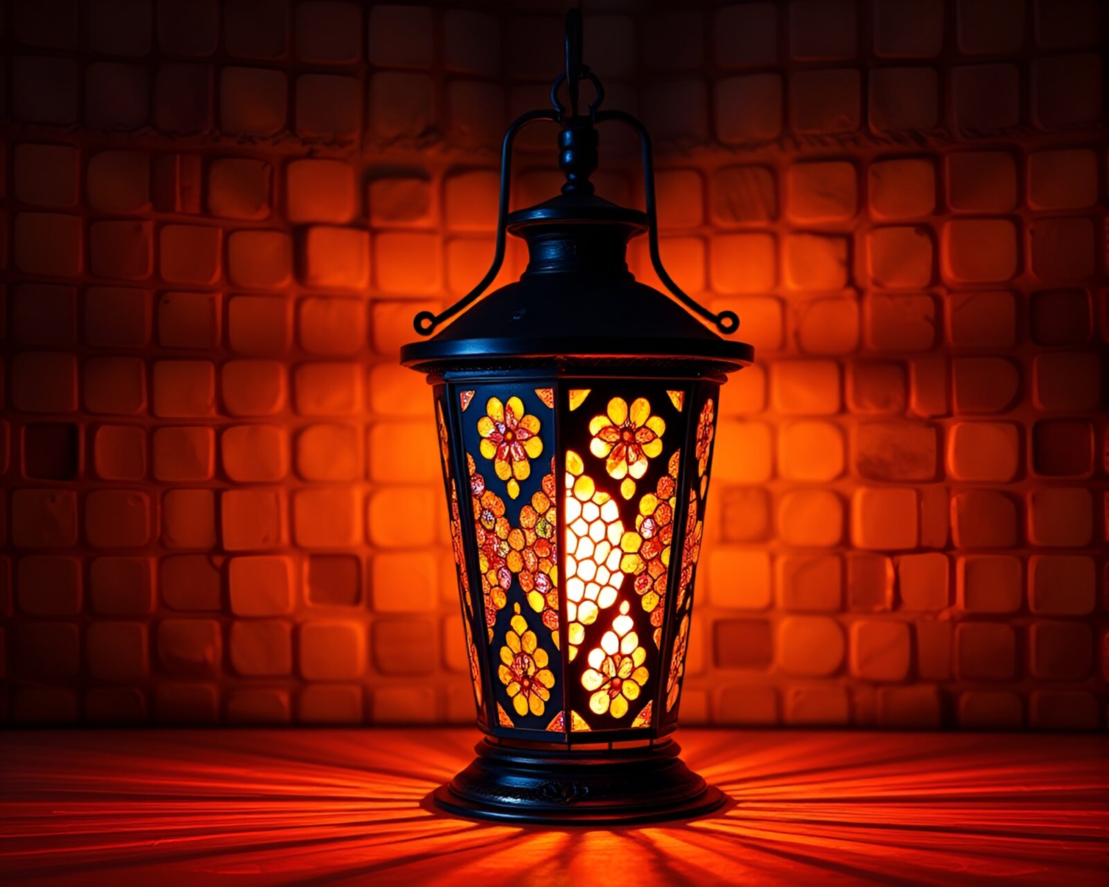 Vibrant mosaic tiles casting thermal lantern light