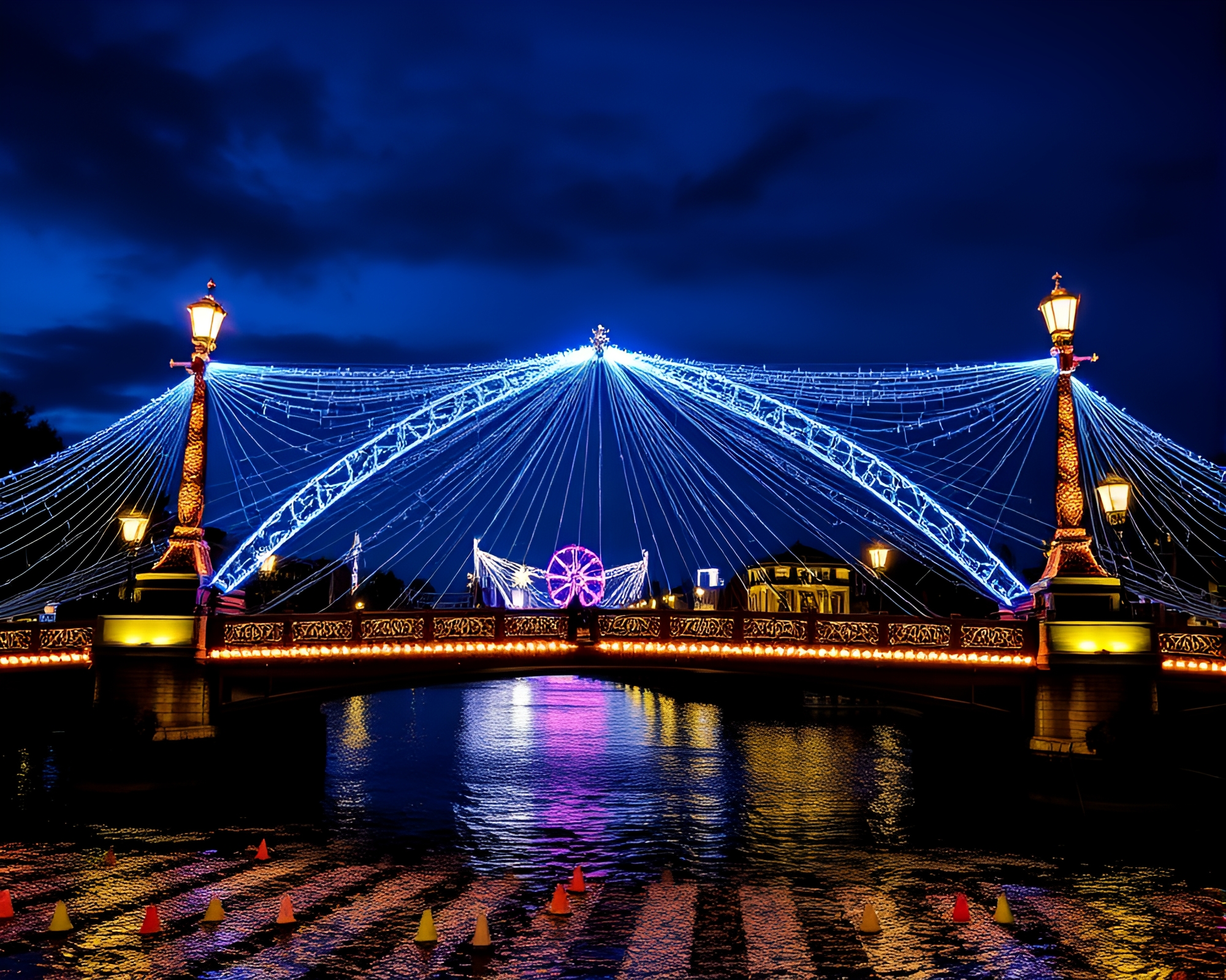 Glistening Arch Bridge Awash in Carnival Lights – free AI stock image