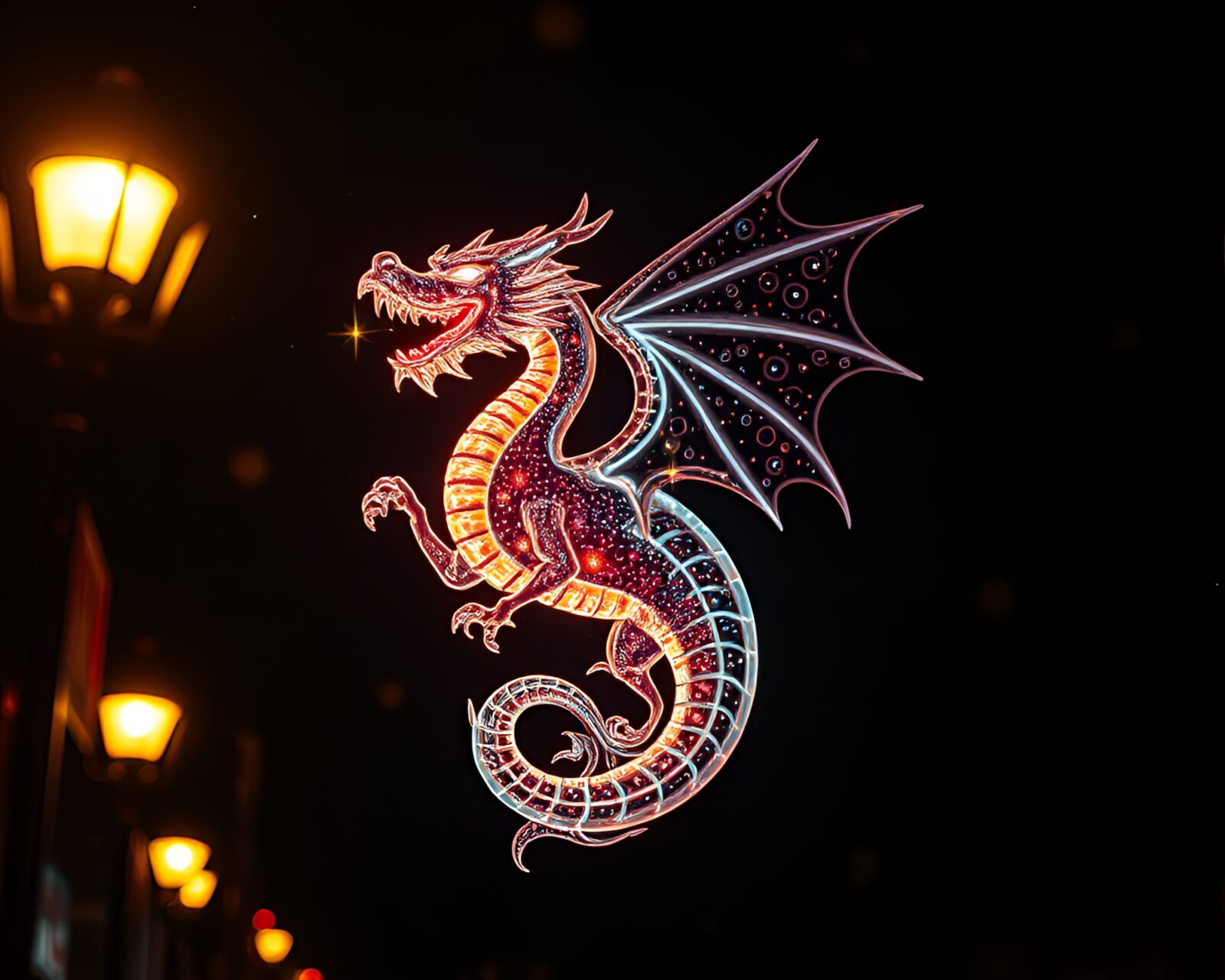 Majestic dragon engulfed in celestial light through distorted glass
