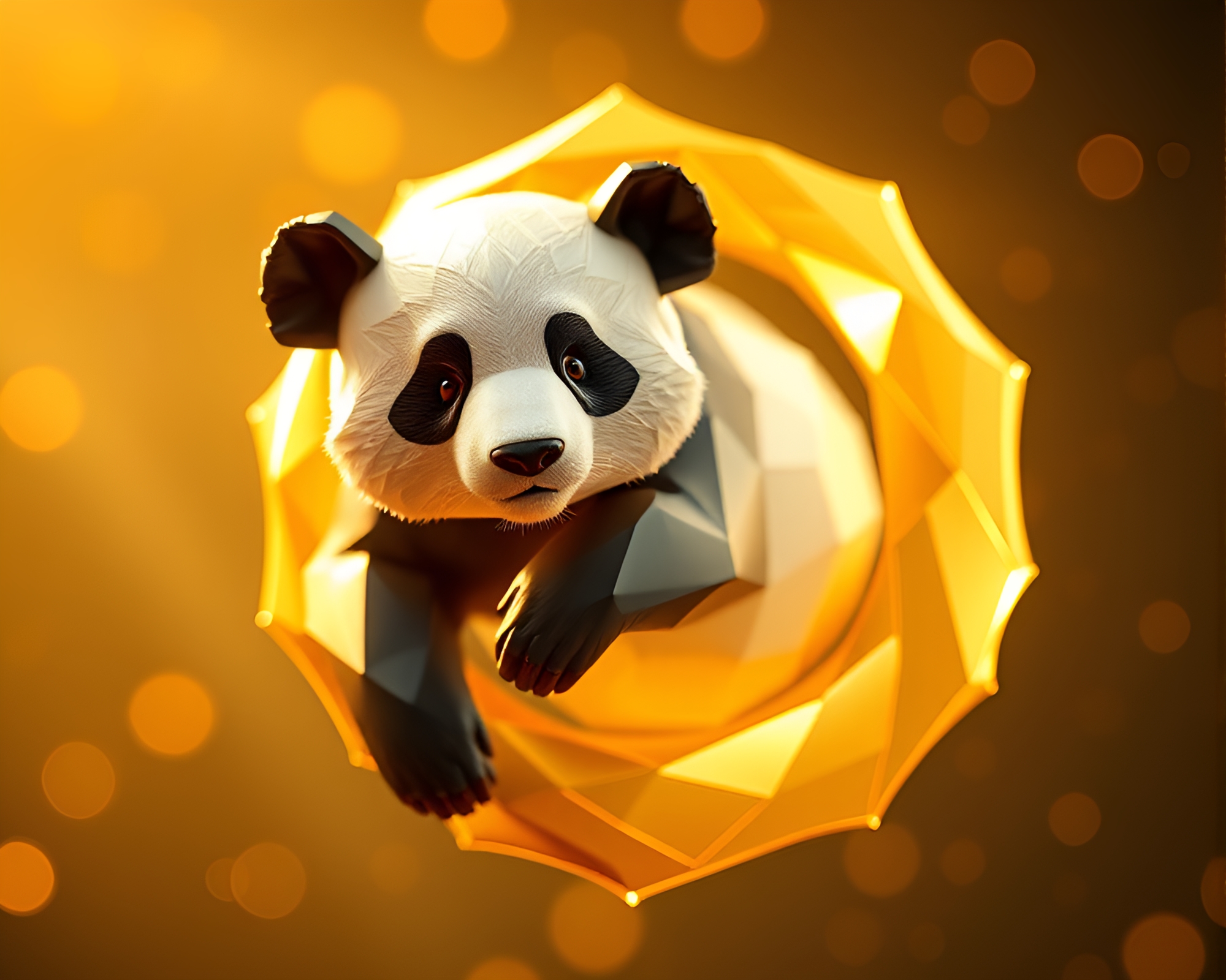 Enigmatic Panda Spiraling In Golden Illumination – free AI stock image