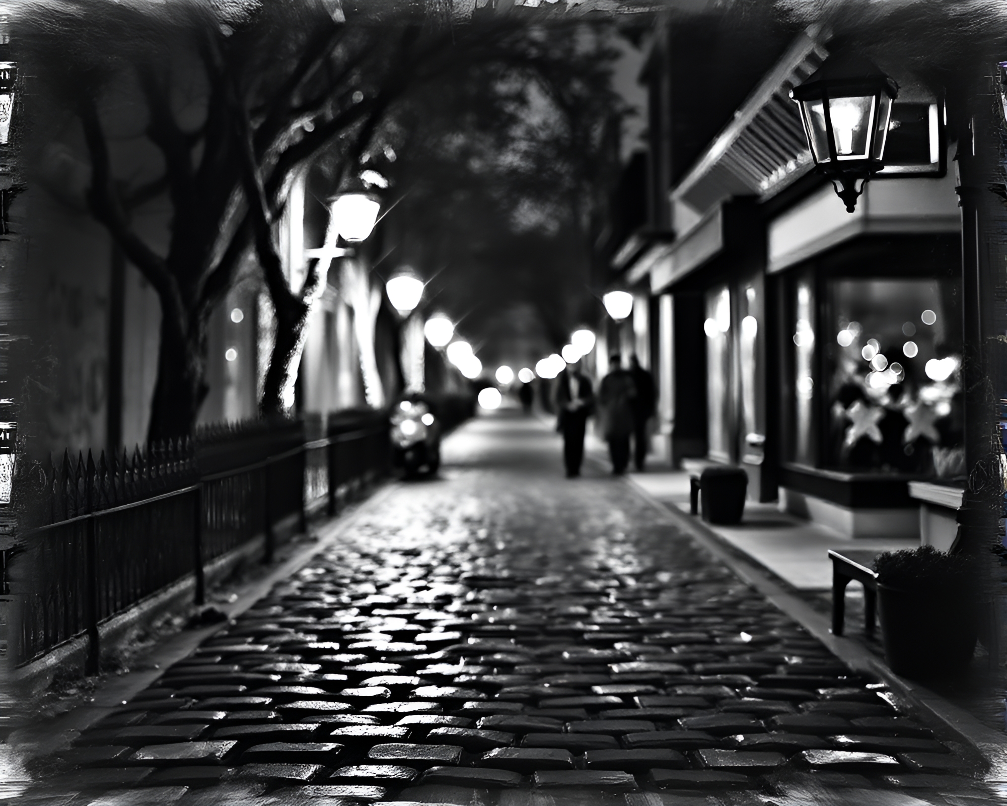 Enchanting Cobblestone Path Illuminated by Bokeh Lights – free AI stock image
