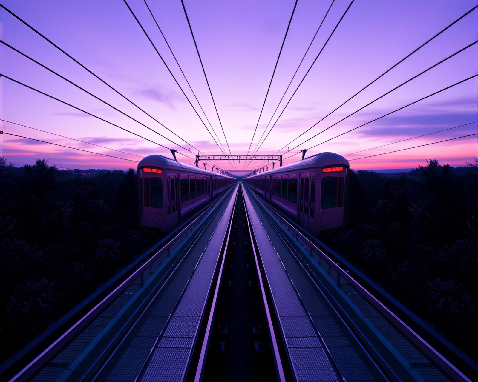 AI-generated symmetrical composition of sleek monorail at twilight