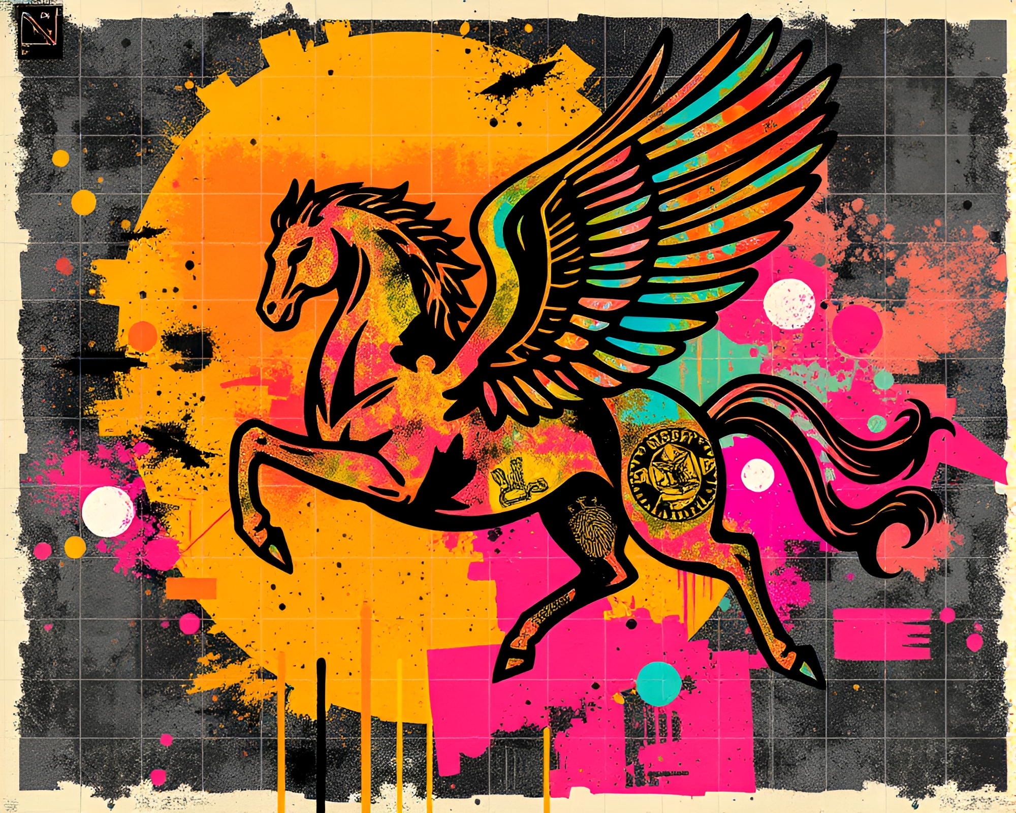 Stunning Pegasus Stencil Art in Vibrant Graffiti Colors – free AI stock image