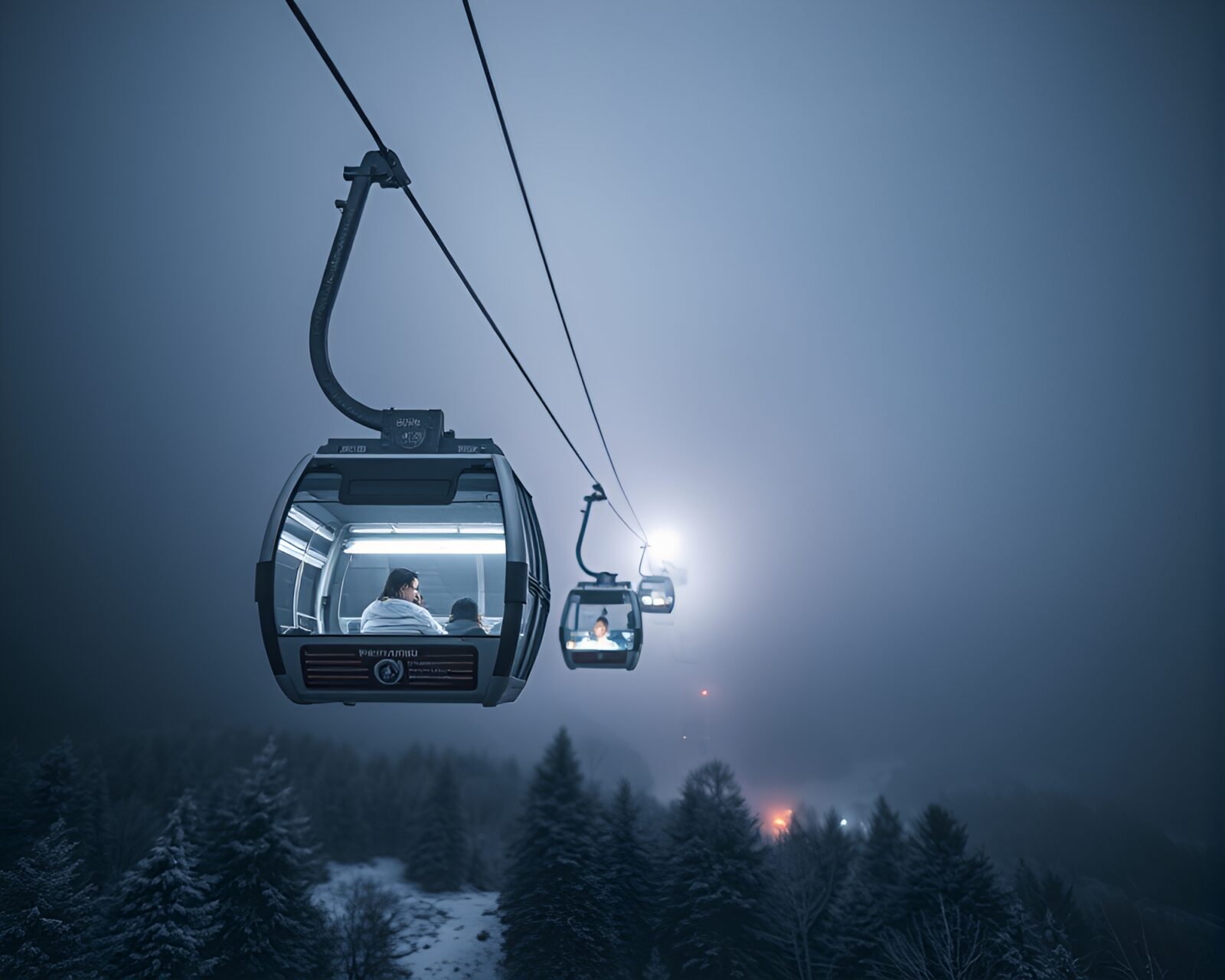 Glowing gondola lift in pixelated enchanted sky setting