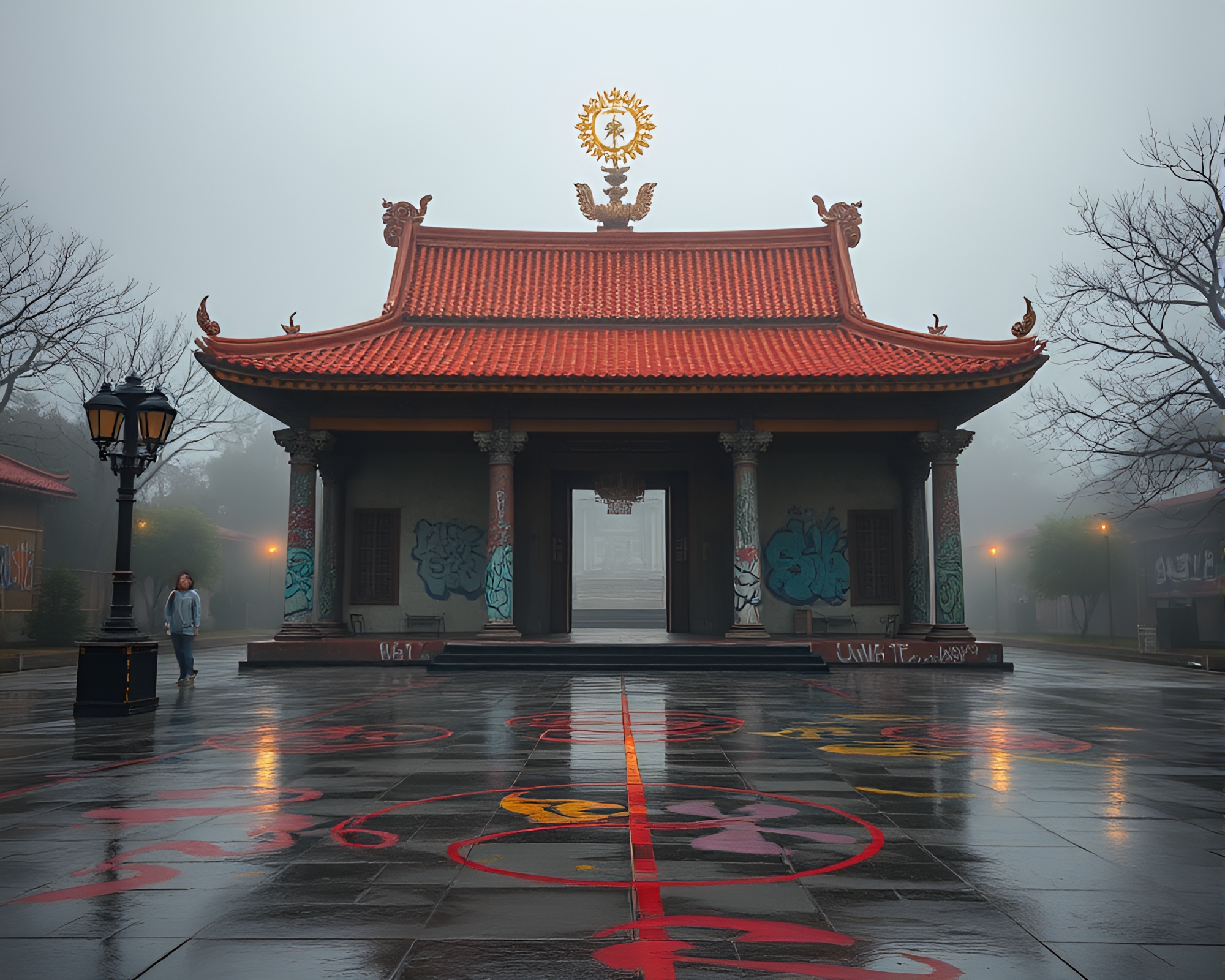 Misty Temple Ruins with Graffiti on Wet Pavement – free AI stock image