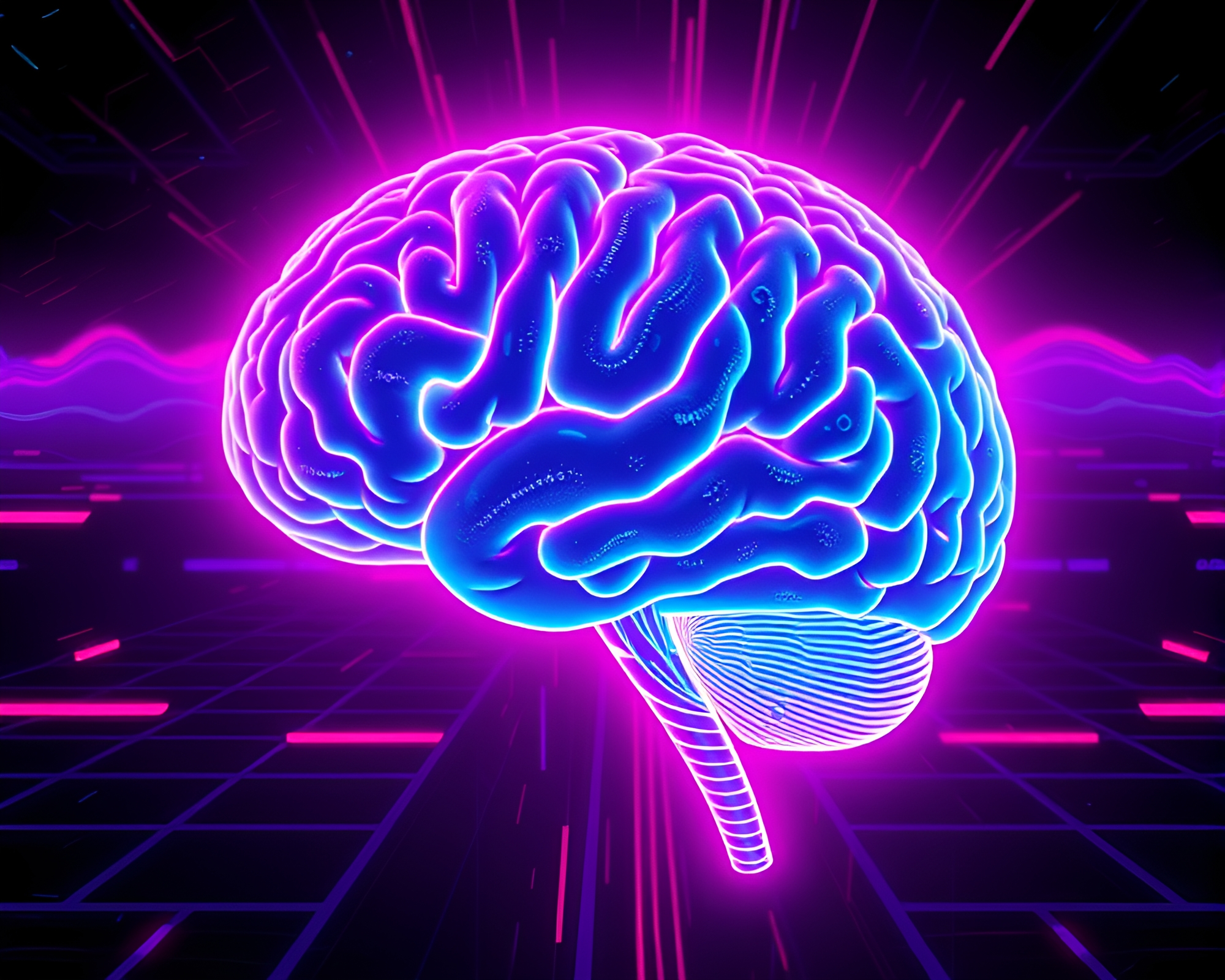 Retro AI Brain in Retrowave Colors – free AI stock image