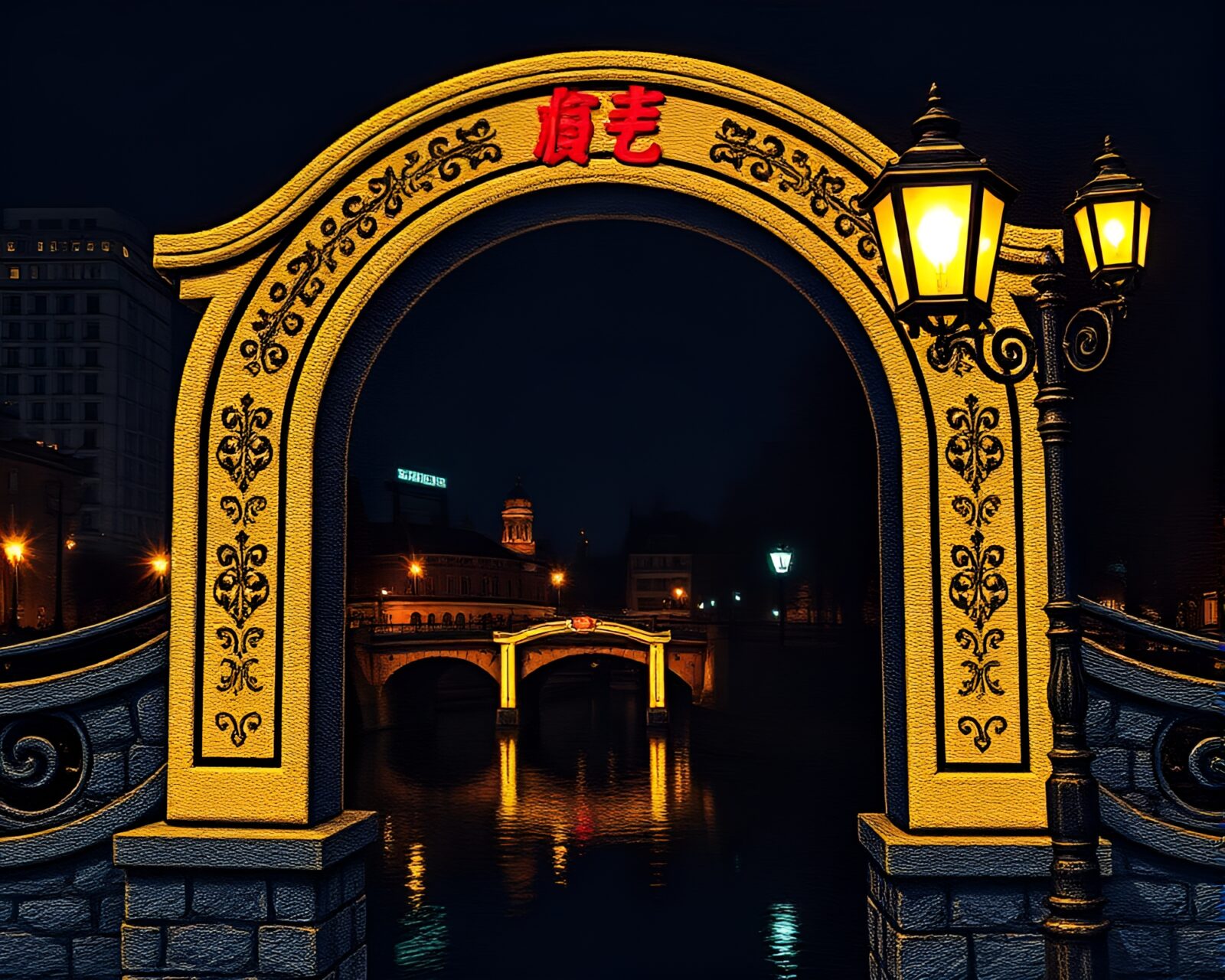A dazzling manga scene of a detailed arch bridge at night