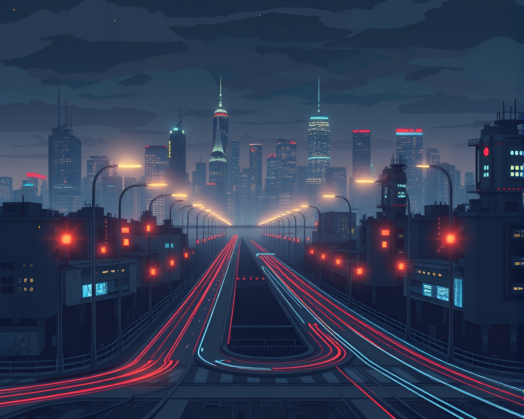 Robot in City Lights Technical Illustration – free AI stock image