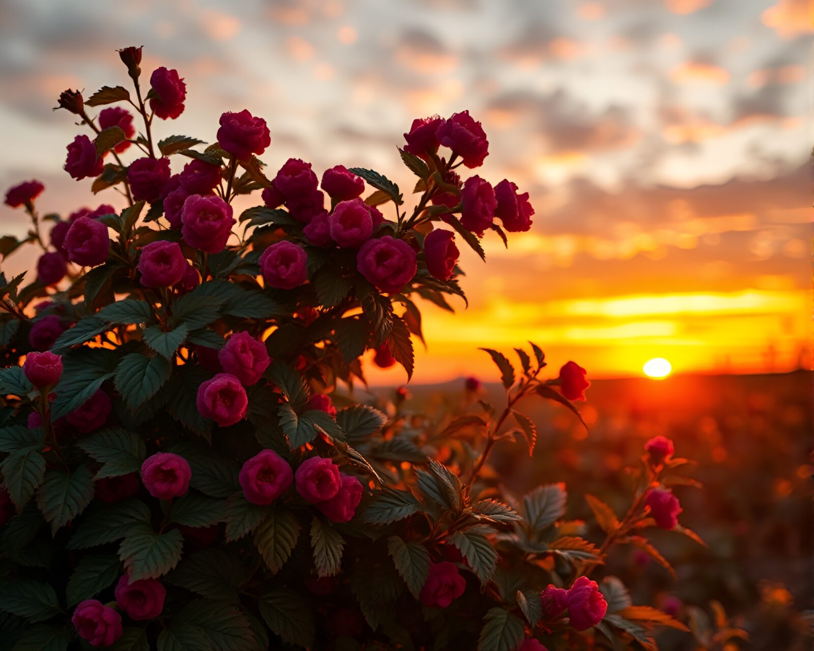 Bronze patina vibes enhance vibrant holographic raspberry bush at sunset