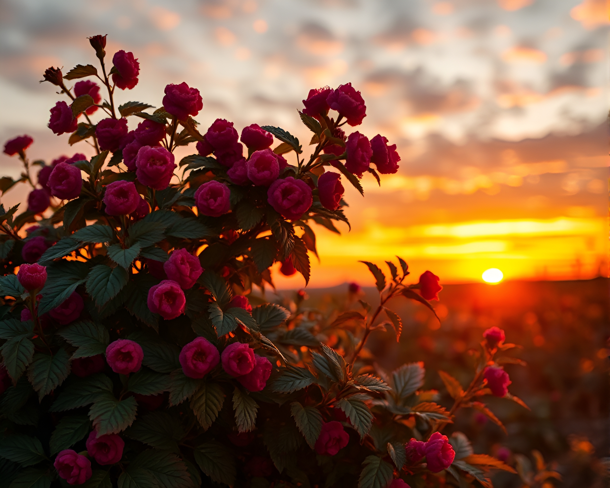 Raspberry Bush in Warm Sunset with Holographic Texture – free AI stock image