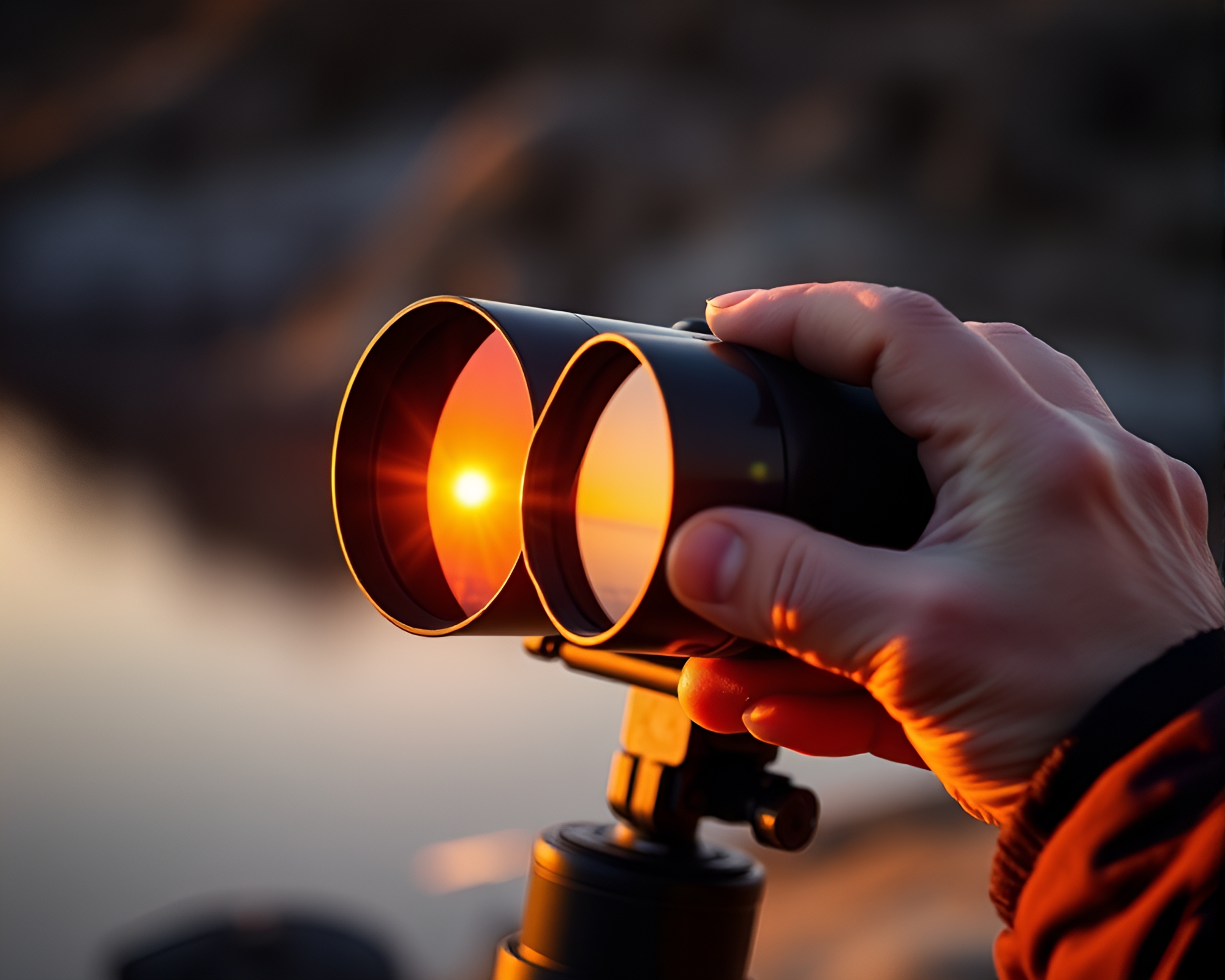 Binoculars through mirror shard reflect golden hour glow – free AI stock image