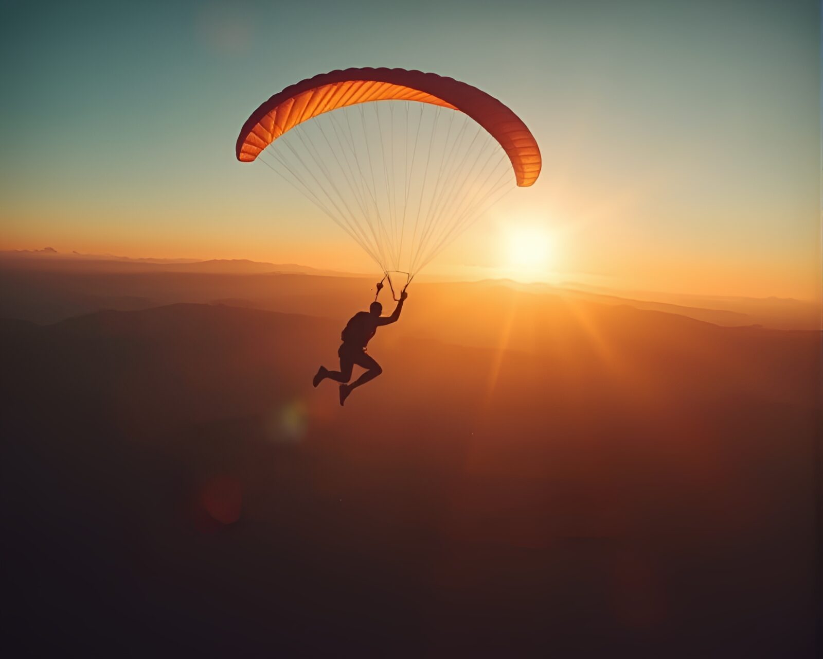 Parachute jumper descending in a golden hour glow scene