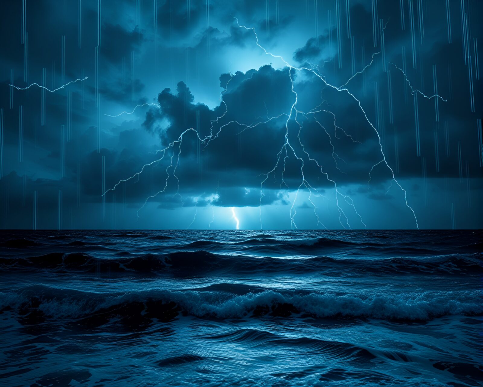 Maximalist design of thunderstorm over ocean with scan lines