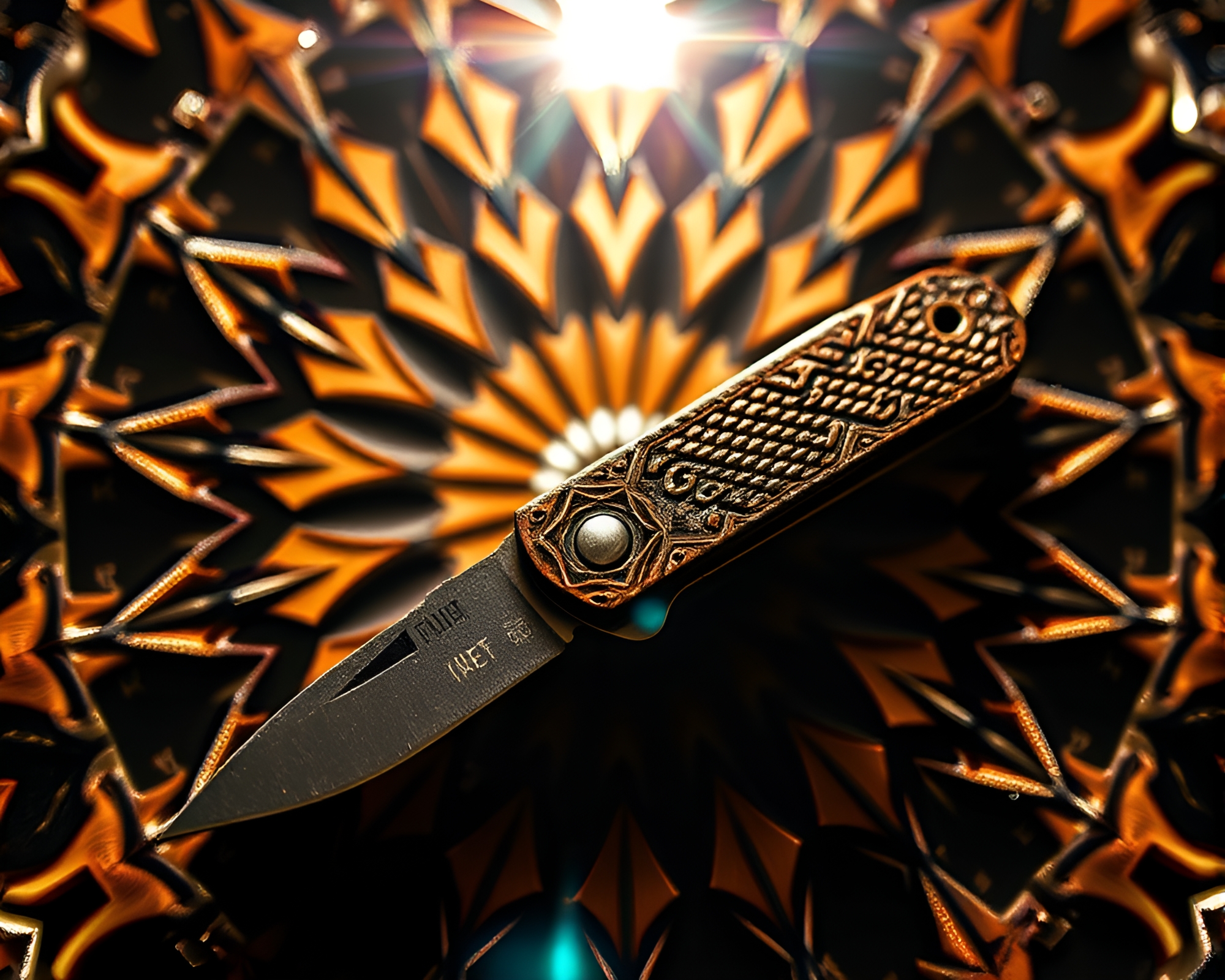 Rusty Pocketknife Geometry: Lens Flare Selective Color Burst – free AI stock image