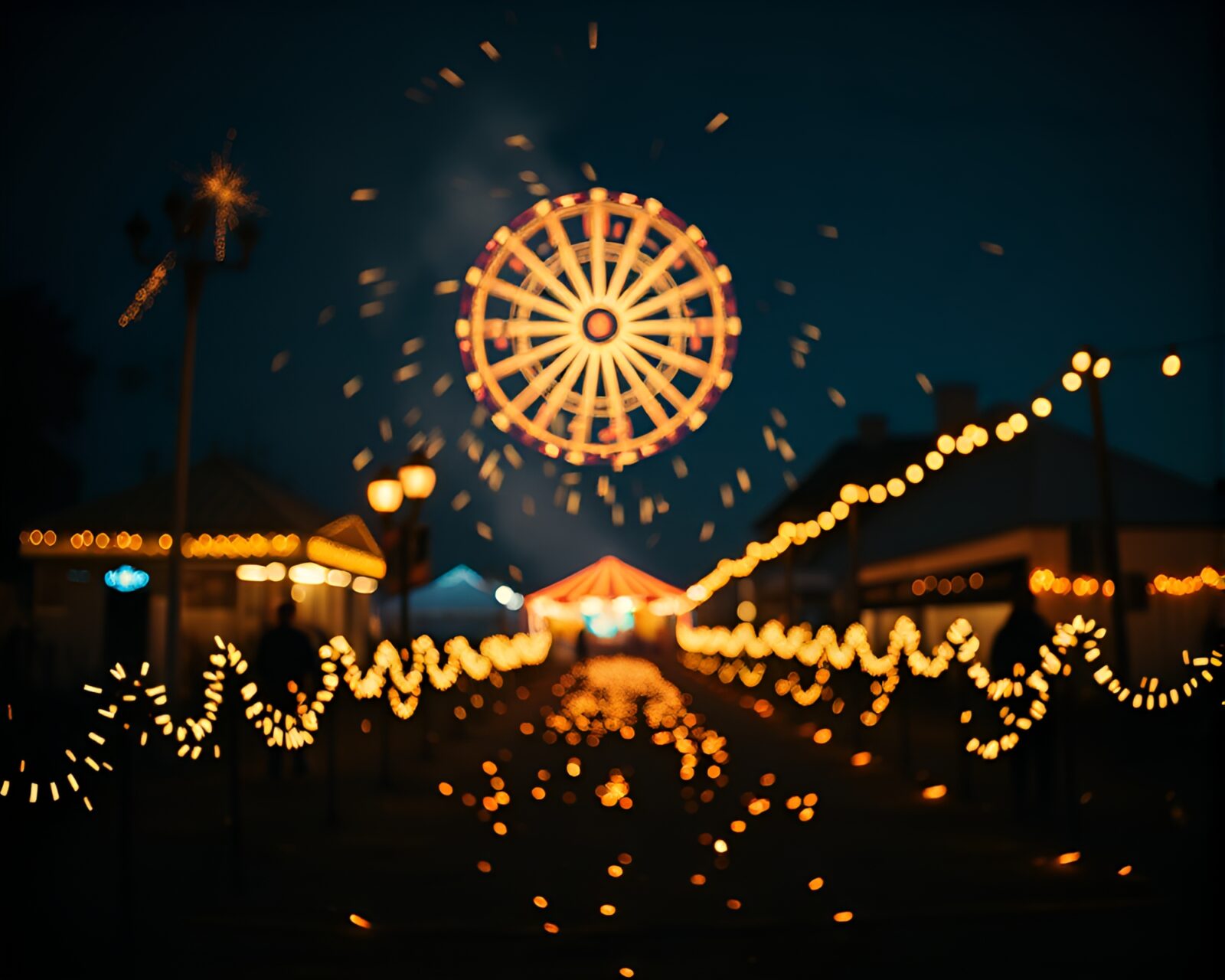 Sparkler trails swirling around a vintage compass at a carnival