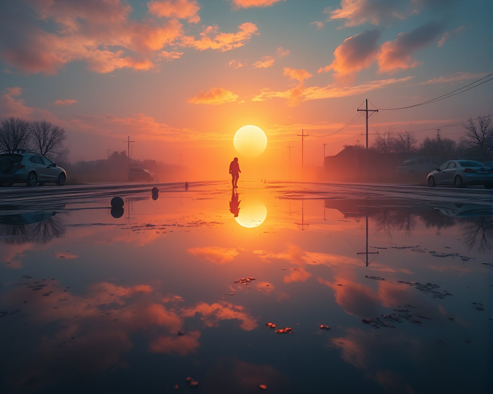 Utopian scene with jetpack reflecting in surreal puddle