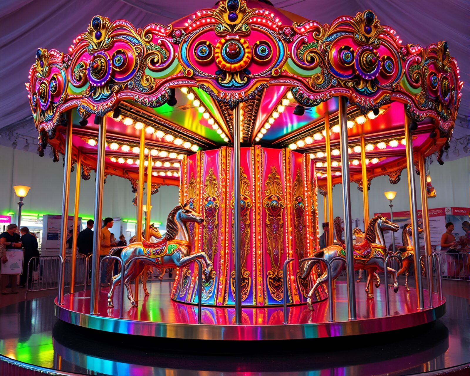 Utopian-style carousel with metallic sheen, oil slick rainbow colors